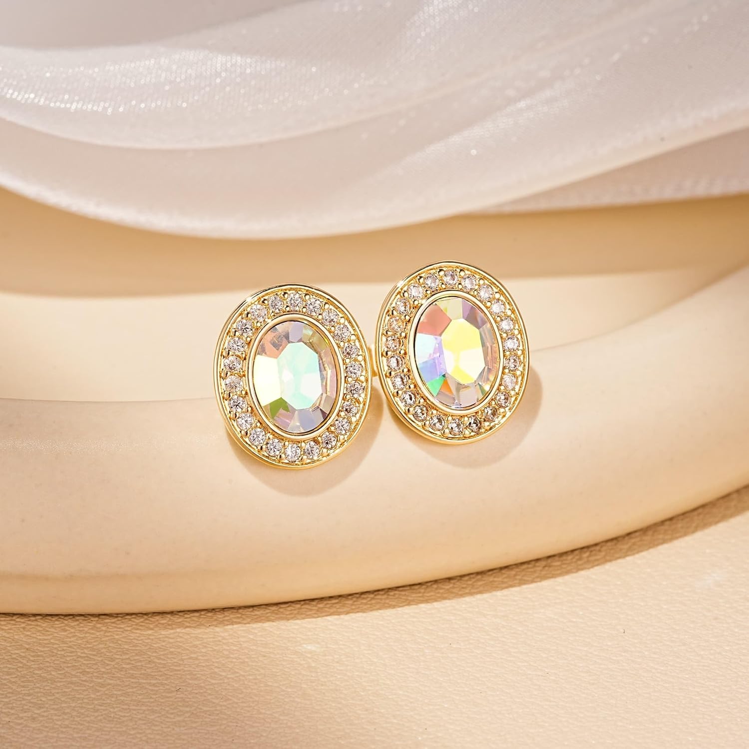 EVEVIC Austrian Crystal Halo Oval Stud Earrings for Women Trendy,14k Gold Plated Hypoallergenic Earring Jewelry Gift - Image 3