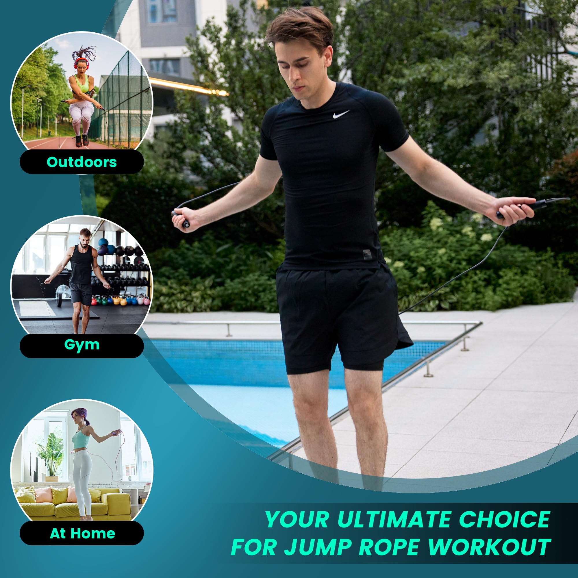 FEECCO FITNESS Cuerda de saltar pesada de 1/2 libras para boxeo, cardio, entrenamiento de crossfit, rango de 8 a 11 pies, cuerdas de acero de longitud ajustable con rodamientos de bolas y asas de