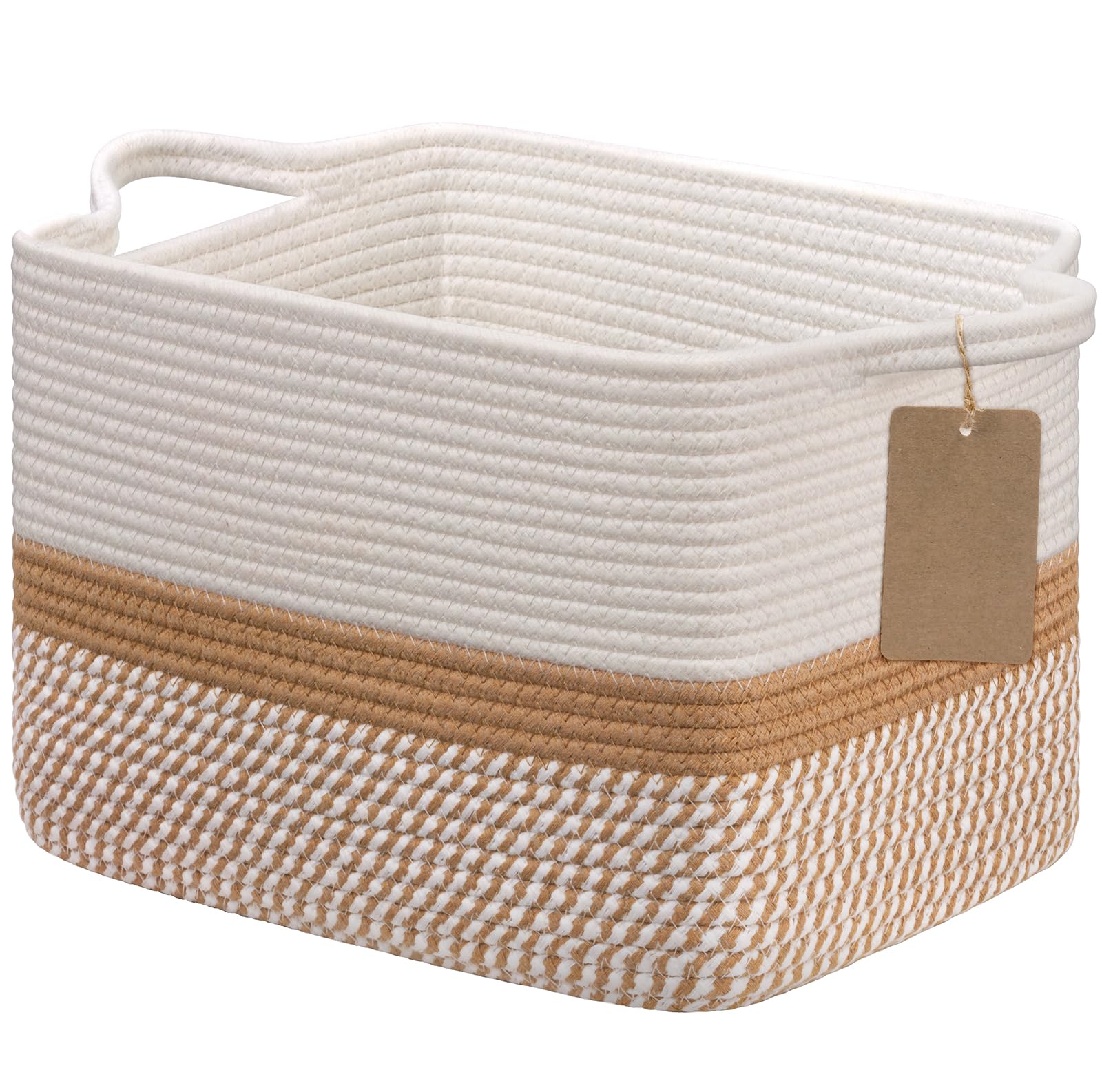 Goodpick Woven Rope Storage Basket for Shelves, White &amp; Camel Mix