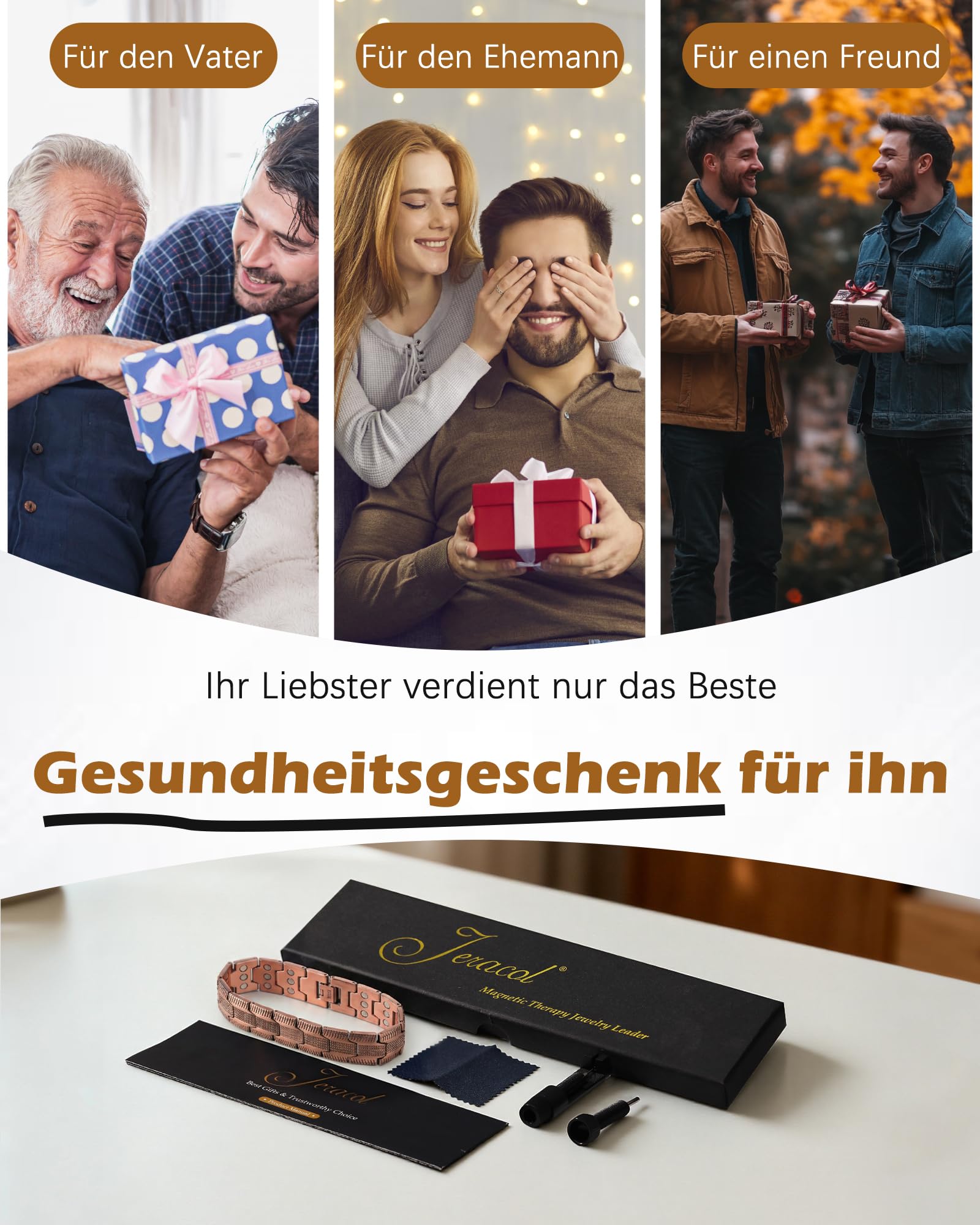 Jeracol Kupfer Magnetarmband Herren, 99% Reines kupferarmband mit ultrastarken Magneten, Einstellwerkzeug und Schmuck-Geschenkbox