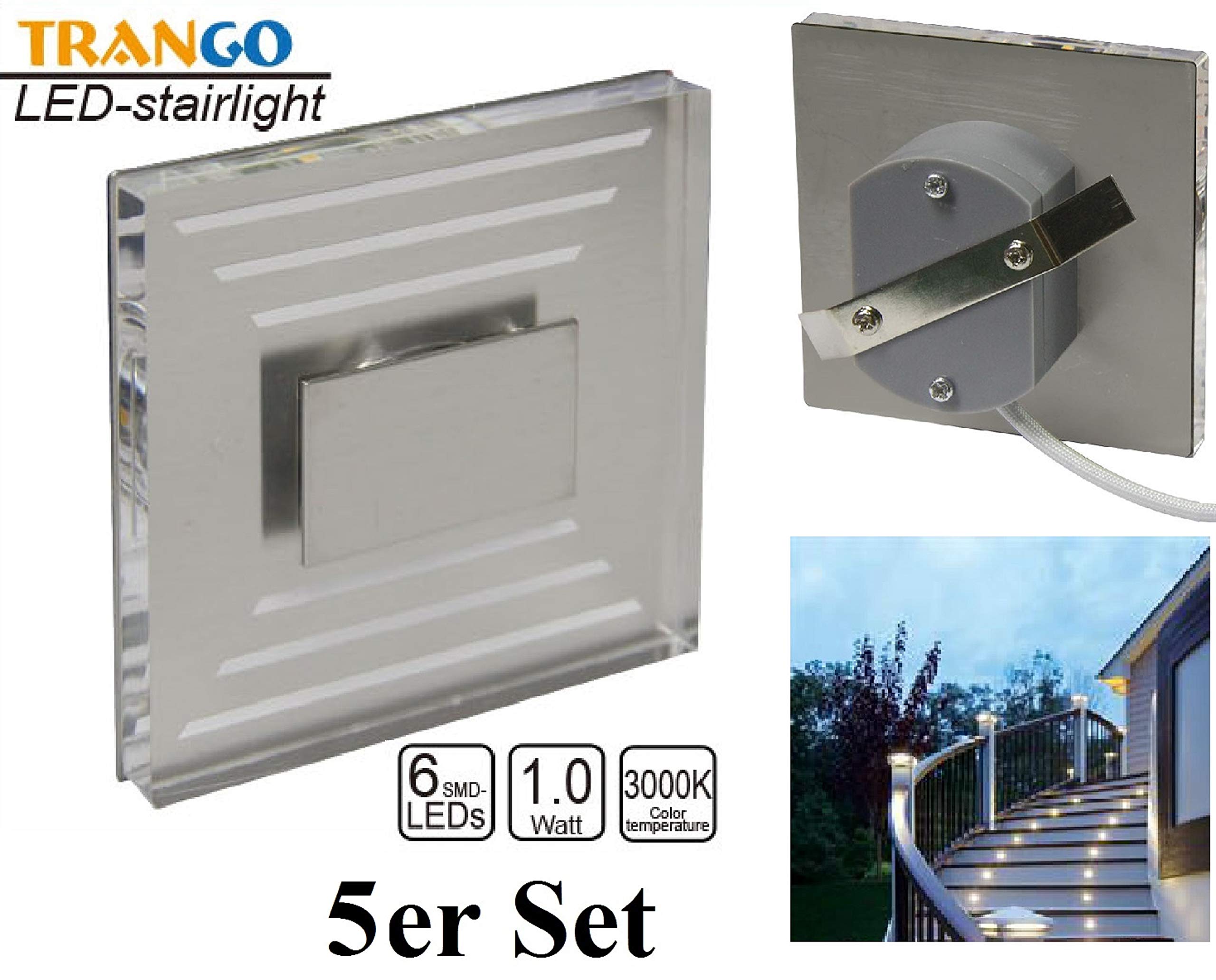 Trango 5er Set SL-053 LED Wandleuchte IP44 *SOFIE* in Eckig, Wandleuchte, Treppenleuchte inkl. je 1 Watt LED Modul 3000K warmweiß beliebig erweiterbar direkt 230 Volt, Treppenbeleuchtung, Wandstrahler