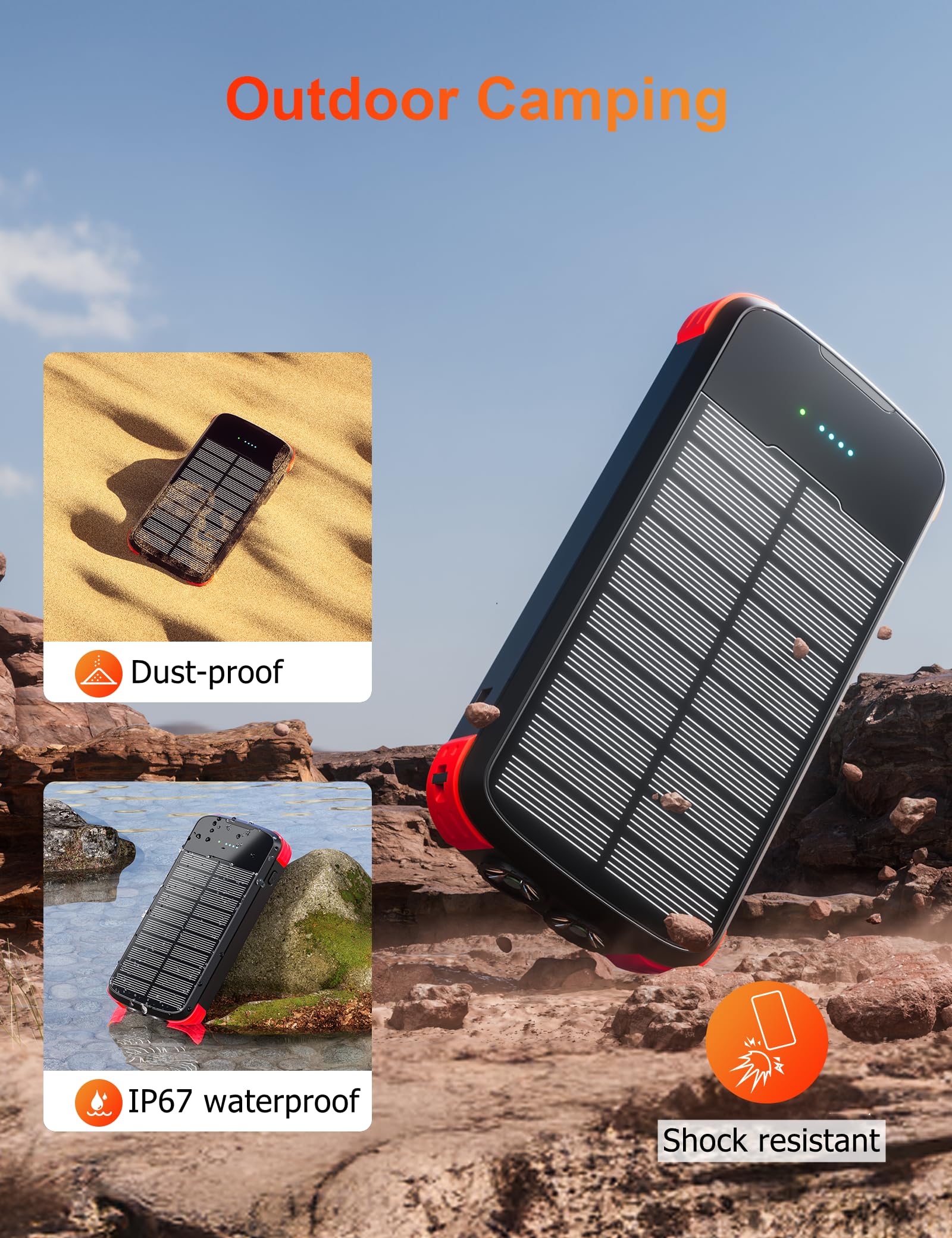 MINRISE Cargador de banco de energía solar, cargador de teléfono portátil de 40000 mAh integrado en 4 cables con entrada y salida USB C, cargador portátil de carga rápida PD de 20 W, batería externa
