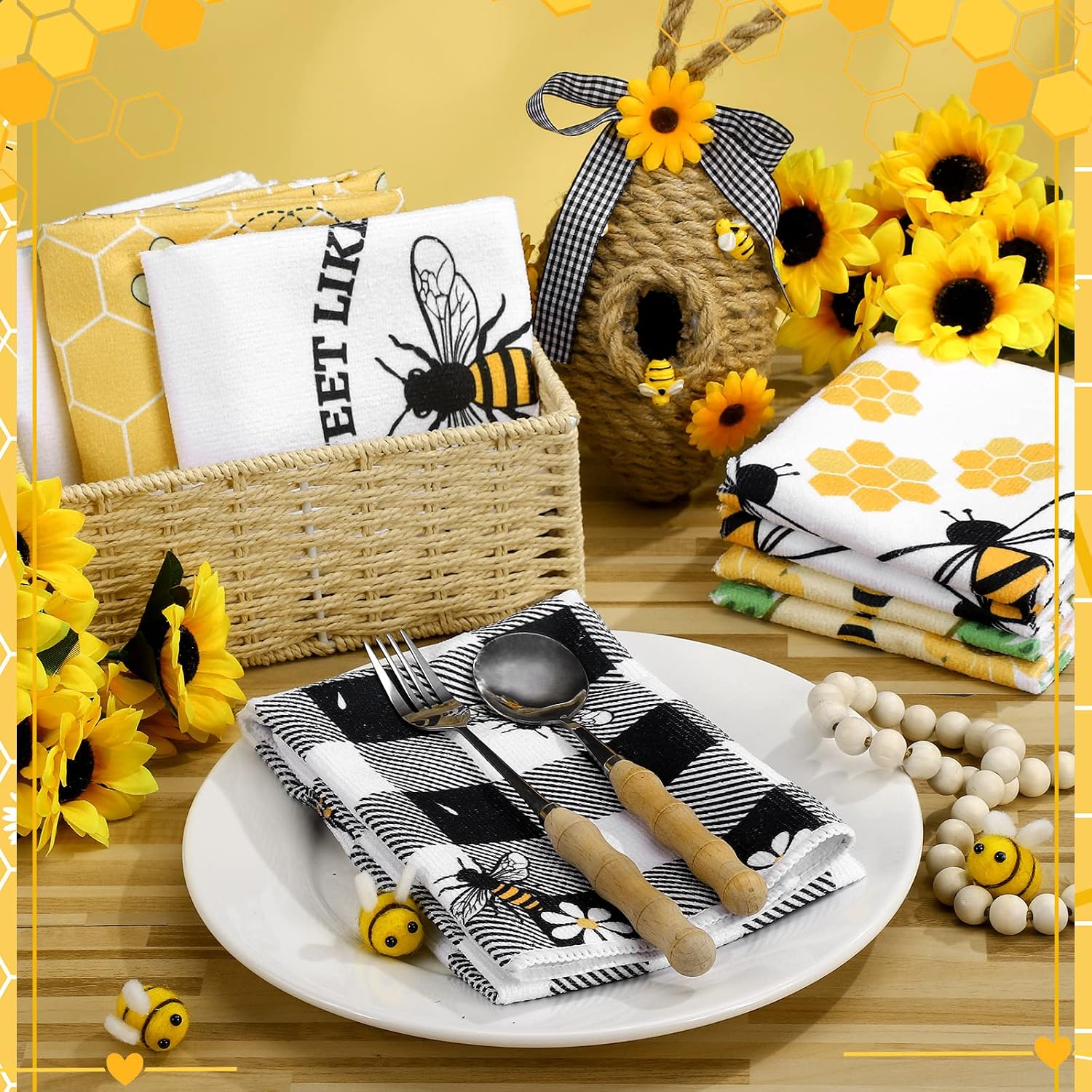 Oudain 6 Pcs Bee Kitchen Towels Honey Bee Kitchen Decor 15.8 x 23.6 Inches Dish Hand Tea Towels for Bathroom Home Housewarming Gifts