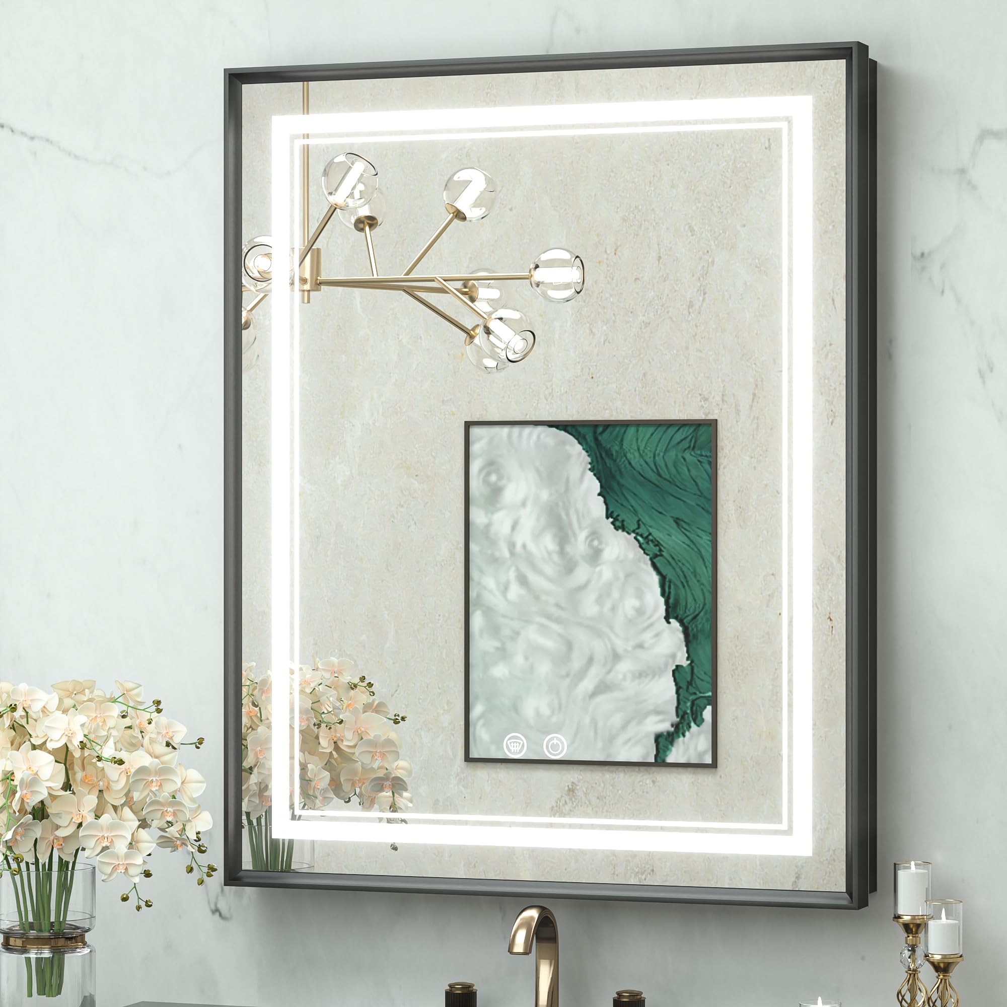 TokeShimi 24x30 Recessed Medicine Cabinet with Lights Mirror, 3-Color Stepless Dimmable LED Mirror Medicine Cabinet with Electrical Outlets and Defog, in Wall Mirror with Storage