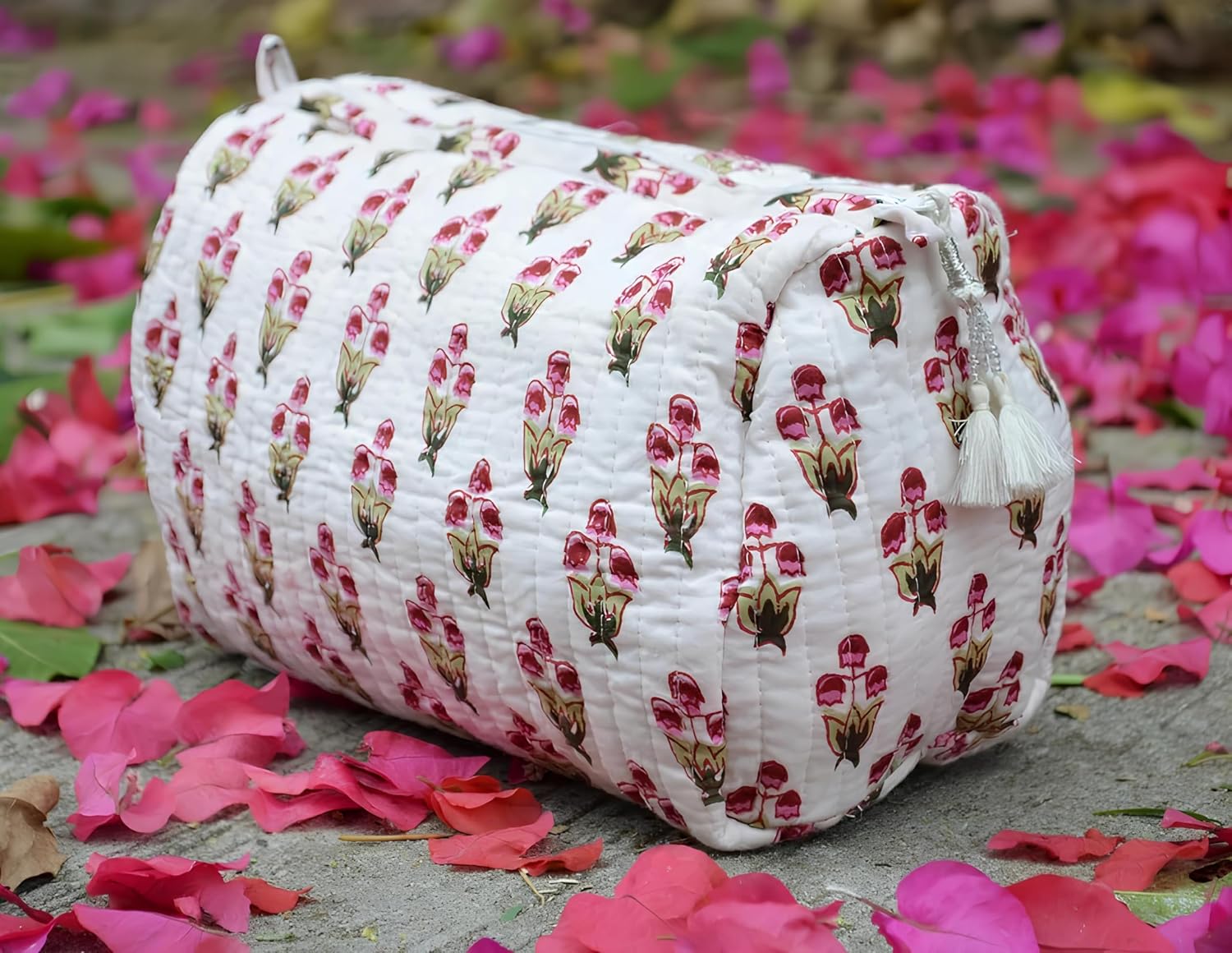INDACORIFY Indian Handmade Bags Cotton Set of 3 Pieces Quilted Shaving Kit Toiletry Floral Print Storage Cosmetic Bag
