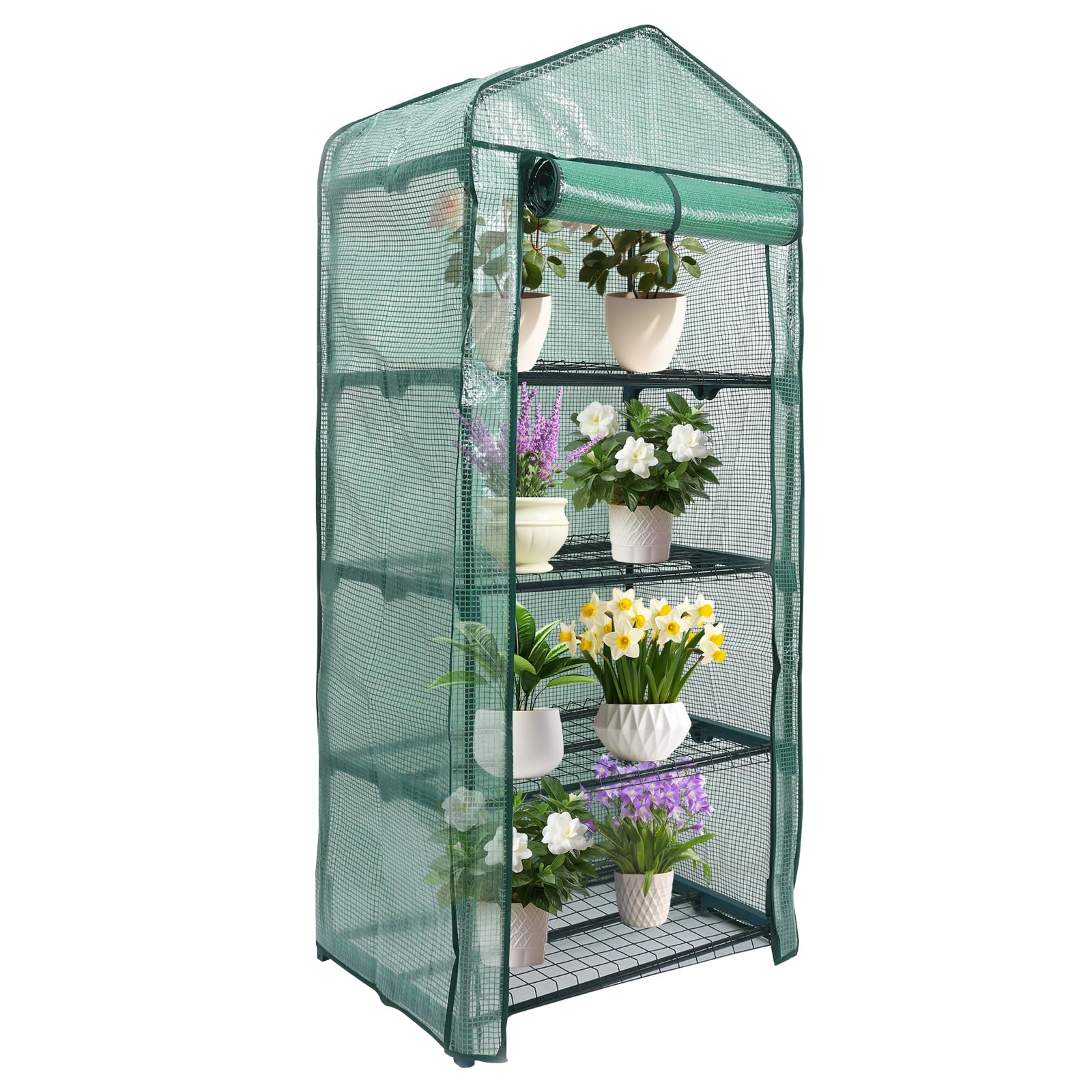 MaxWorks 51962 - Mini serra a 4 ripiani, 160 x 68 cm x 48 cm, copertura in polietilene con protezione UV, verde, per interni ed esterni, per giardinaggio, arrotolabile, con cerniera, per coltivare