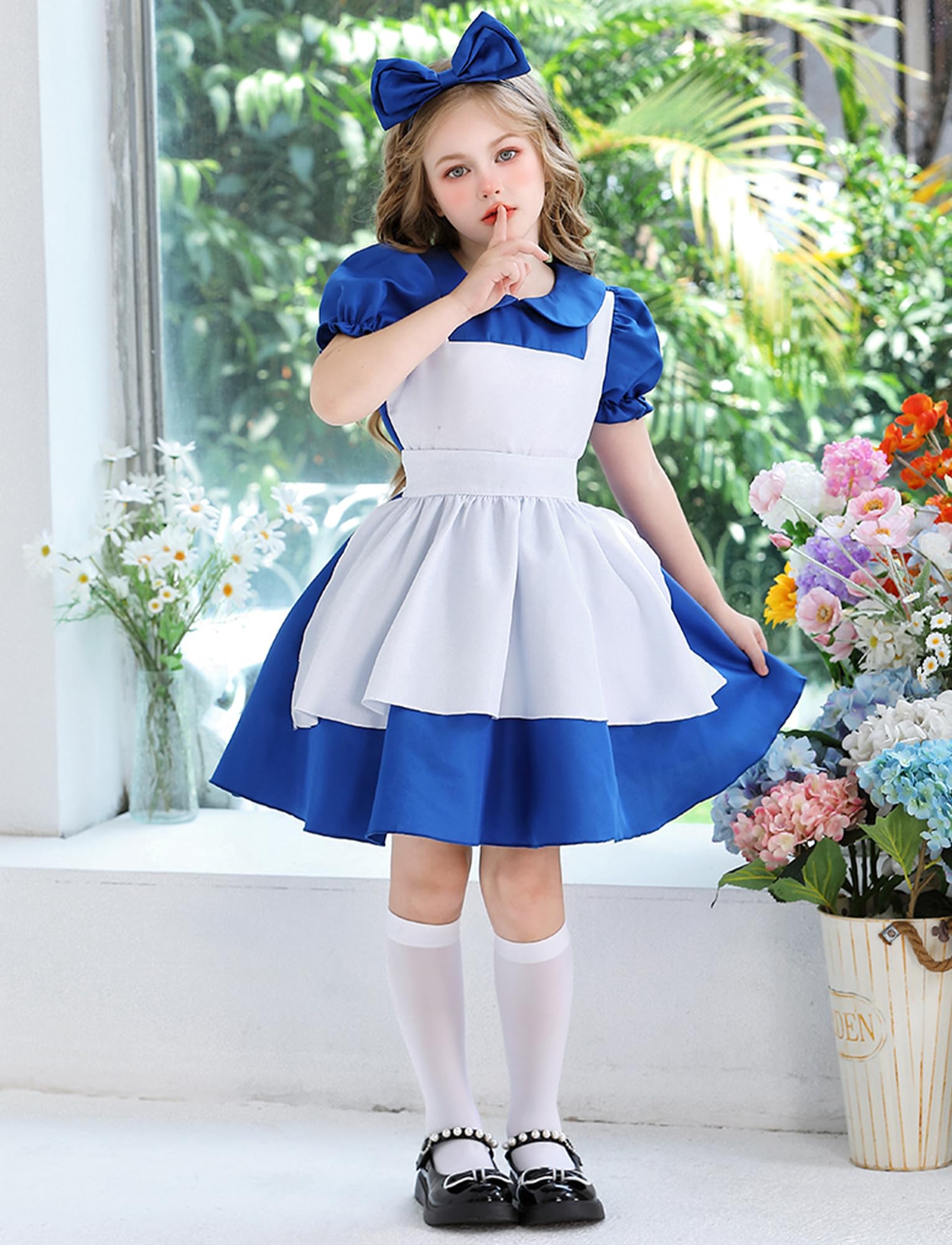 Girls Halloween Cosplay Anime Party Uniform with Apron Headwear Kids Princess Dress Apparel Set Dark Blue 4-5 Years - Image 4