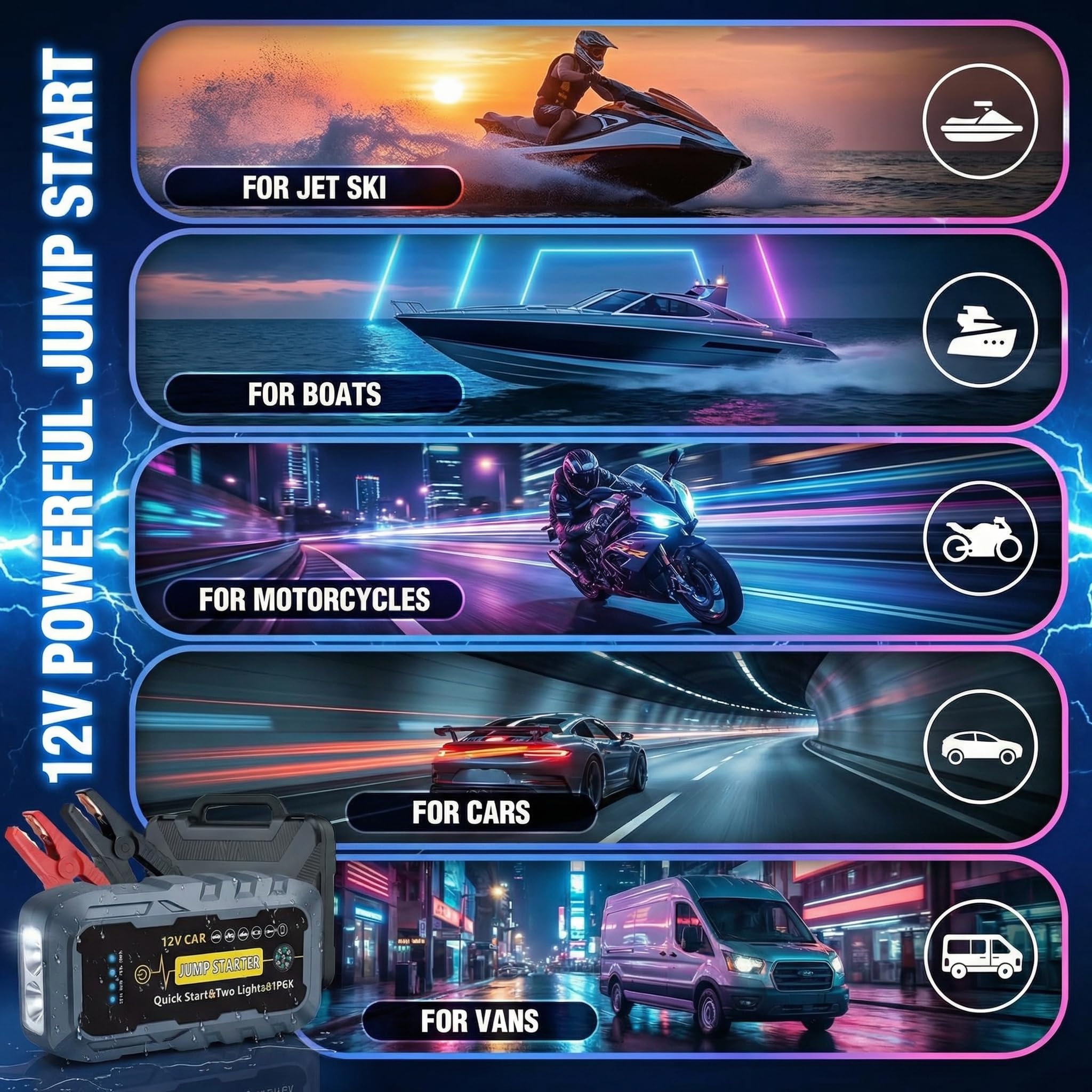 Avviatore per auto 3000A picco 2000A corrente di avviamento, Power bank portatile per batteria auto 12V per tutti i veicoli a benzina e diesel, con cavi booster intelligenti, torcia LED e porte USB