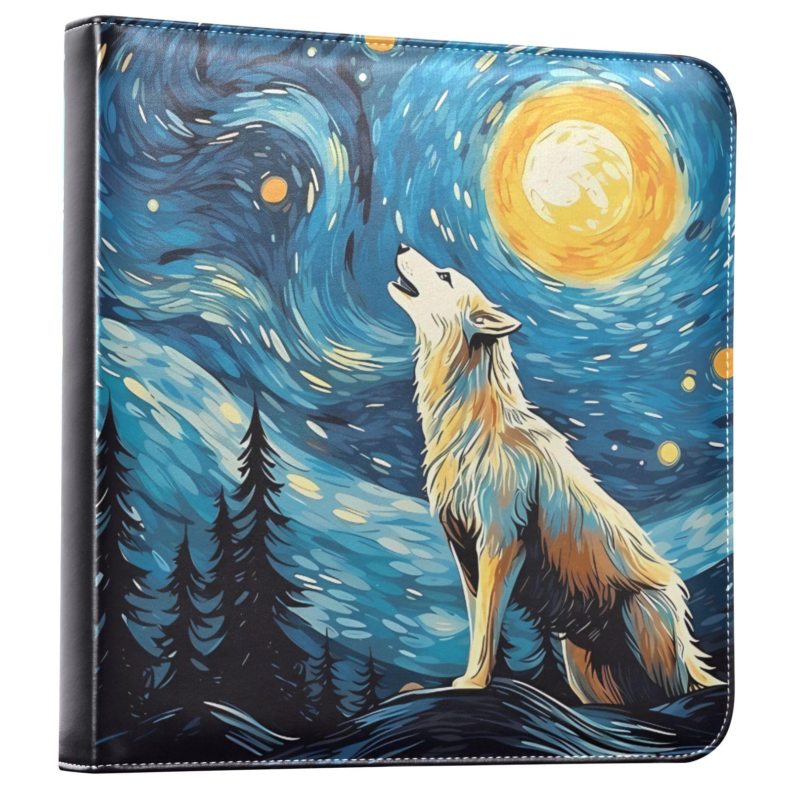 JIPONI Van Gogh Wolf Howling Large Photo Album, DIY Leather Cover Scrapbook Albums for 4x6 5x7 6x8 Pictures, Self Adhesive Memory Book for Wedding, Baby, Family