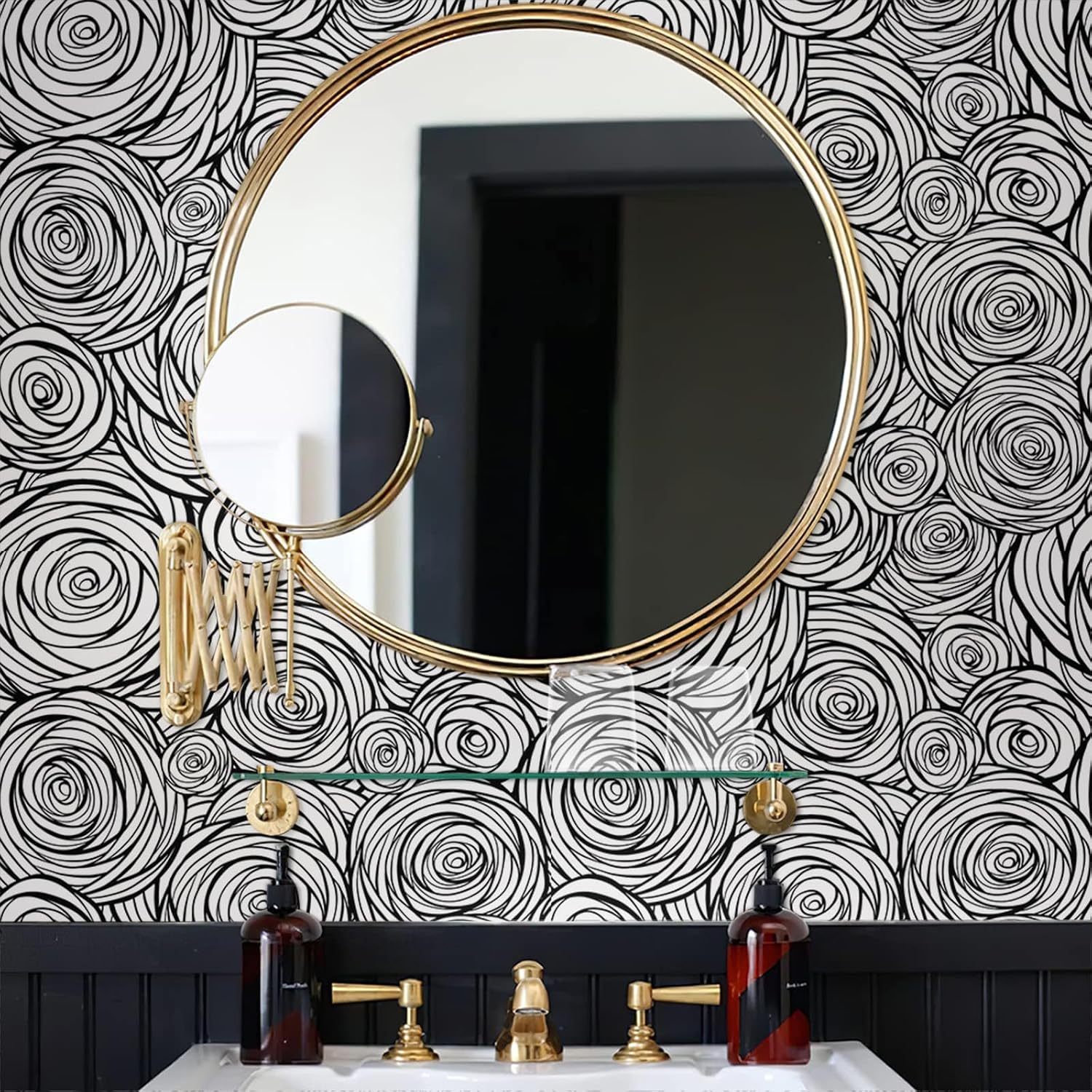 Modern Black and White Rose Floral Mosaic Flower Geometric Peel and Stick Wallpaper Easy Peel Off Contact Paper Stick on Adhesive Wall Paper for Bathroom Waterproof Renter Friendly