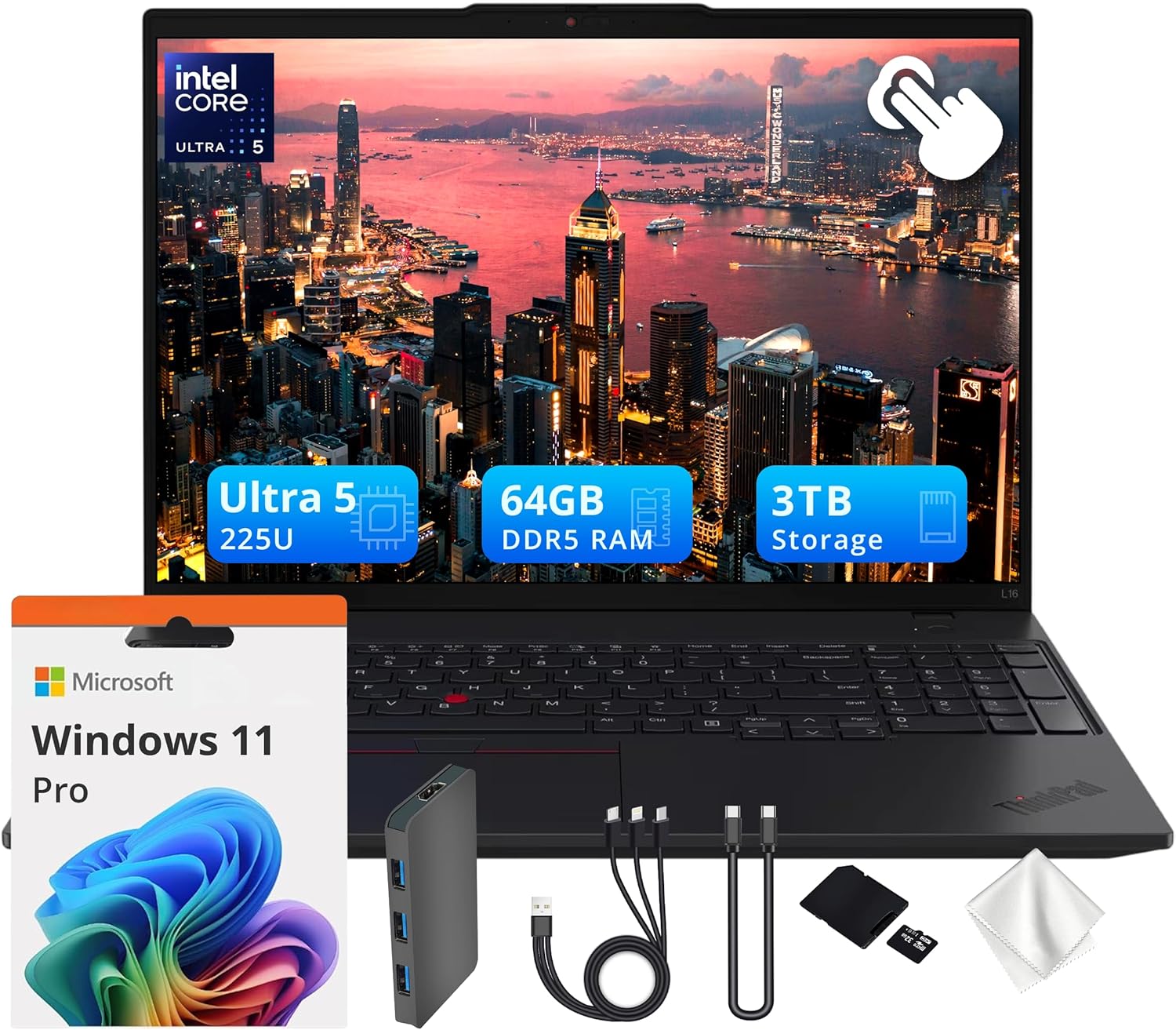 Lenovo ThinkPad L16 G2 16" WUXGA Touchscreen Laptop, Intel Core Ultra 5 225U, 64GB DDR5 RAM, 3TB Storage (2TB PCIe SSD&1TB Docking Station), Numeric Keypad, Fingerprint Reader, Win 11 Pro, Black