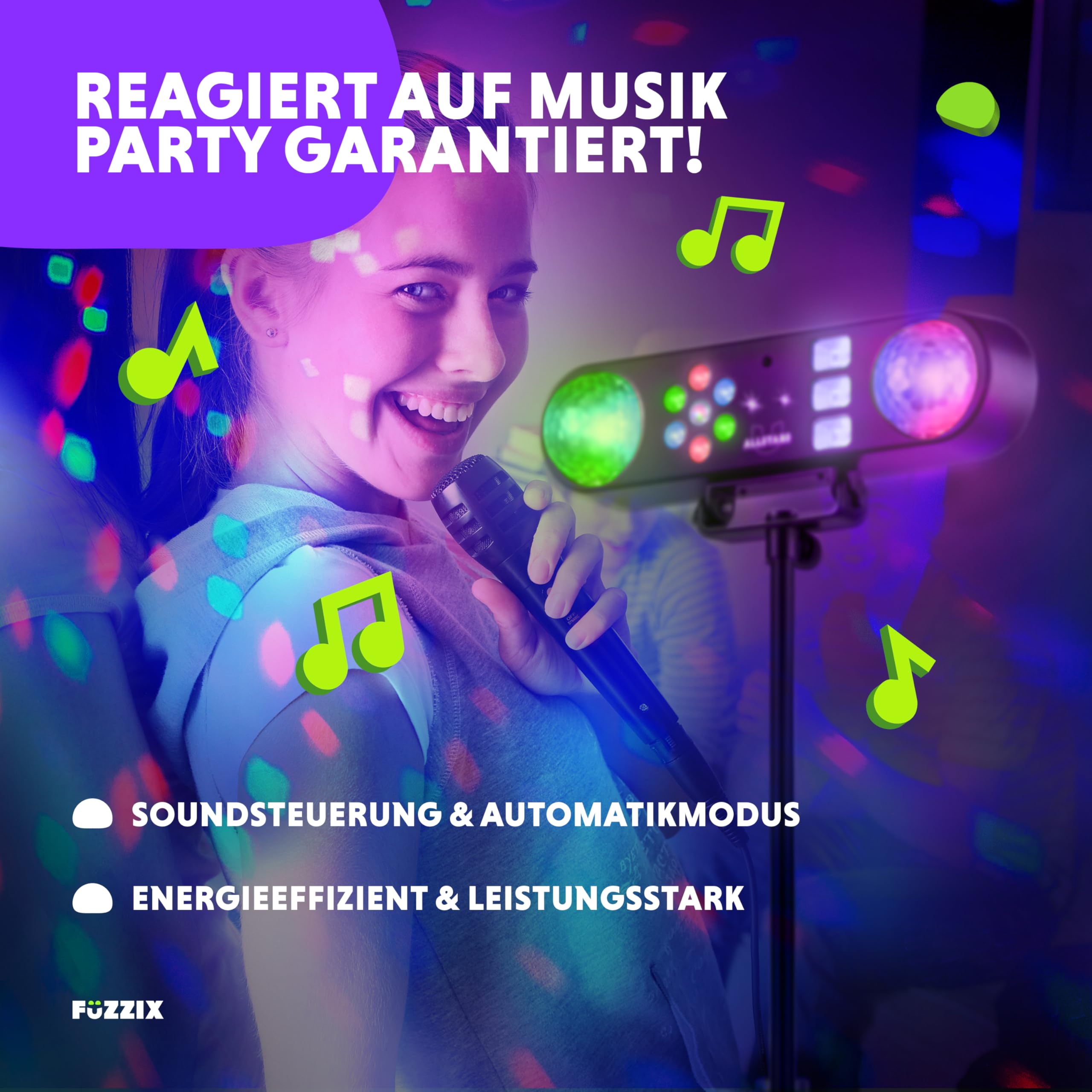 Fuzzix AllStar3 LED Disco Licht, Discolicht mit 2x Disko Kugel, UV Stroboskop, Washer, rot/grünes Patern, musikgesteuerte Partybeleuchtung für DJs mit Stativ & Fernbedienung