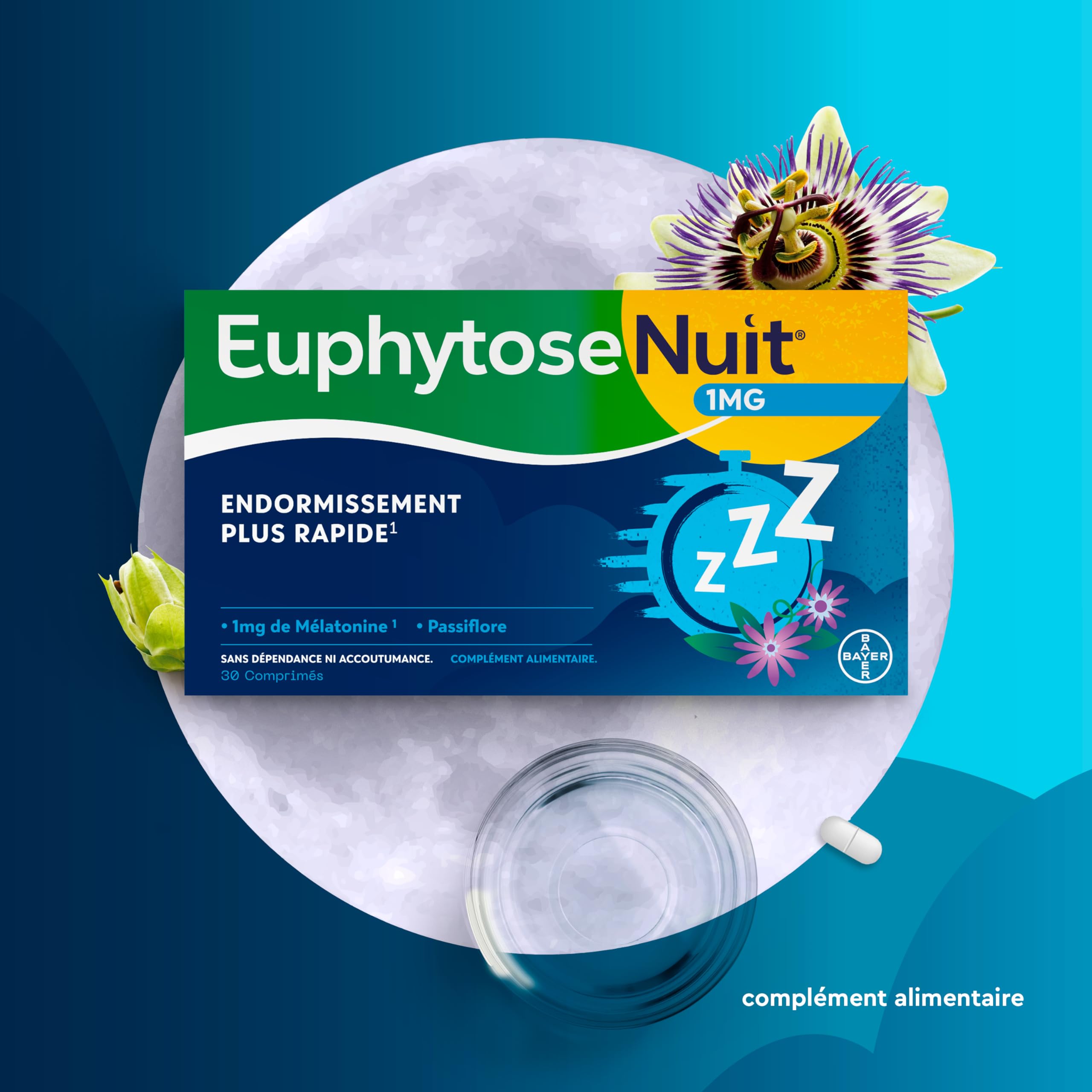 EuphytoseNuit® - Complément alimentaire adulte - Mélatonine 1mg - Endormissement plus rapide - Passiflore : Sommeil de qualité - 3 Packs de 30 Comprimés - 90 nuits de sommeil - Fabriqué en France