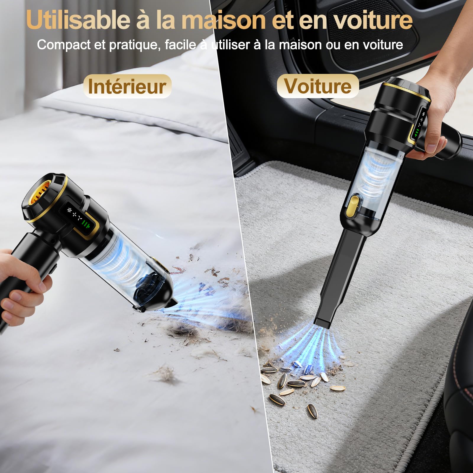 Weetiee Aspirateur à Main, 27000Pa Aspirateur Voiture Puissant avec Affichage LED, Aspirateur Rechargeable Moteur sans Balai 3 Vitesses, Aspirateur à Main sans Fil 4-en-1 pour Voiture Maison Poils d'A