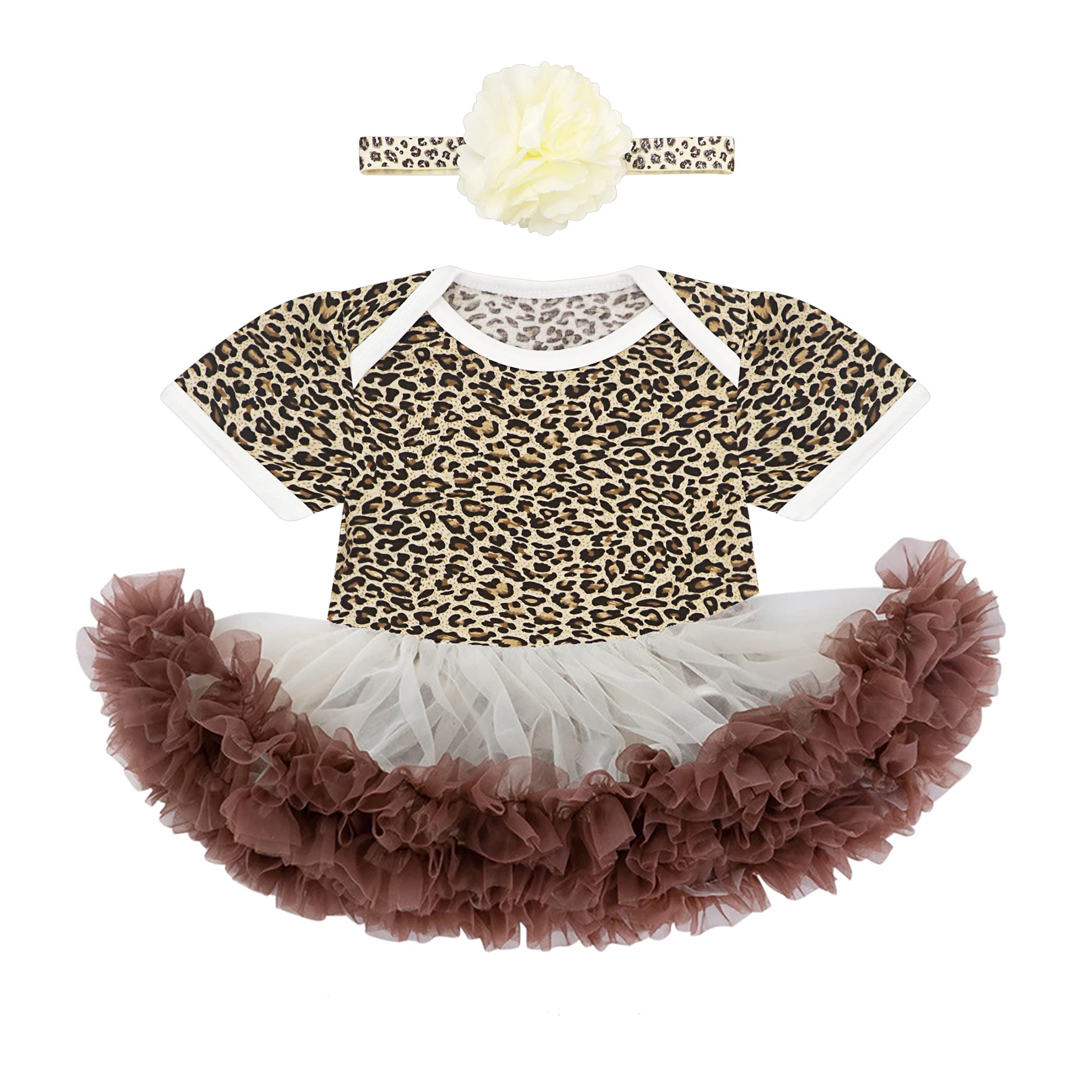 Bnee Baby Cotton Summer Toddler Romper Bodysuit with Headband (Lable SAge 0-3 Months, BrownLeopardPrint) (R0060001)
