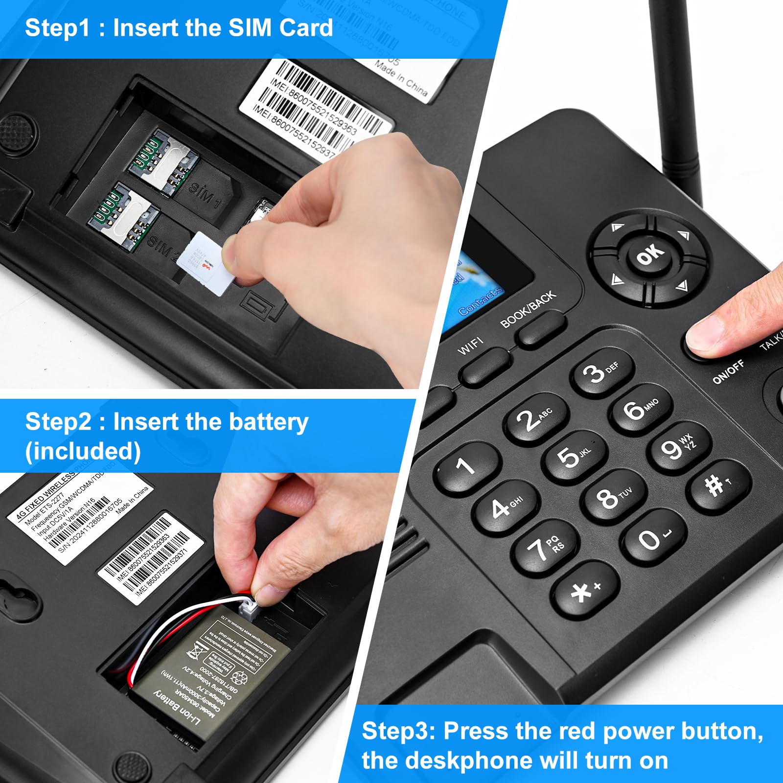 Lychee Téléphone fixe sans fil 2,3,4G – Double SIM, WIFI – Multi-langue, grand écran rétroéclairé couleur – Antenne détachable – Téléphone de bureau pour bureau/hôtel/résidentiel