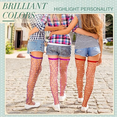 Vista 7 de Vicenpal 3 piezas medias altas de red para mujer, medias elásticas con diamantes de imitación, medias de red de pez, medias