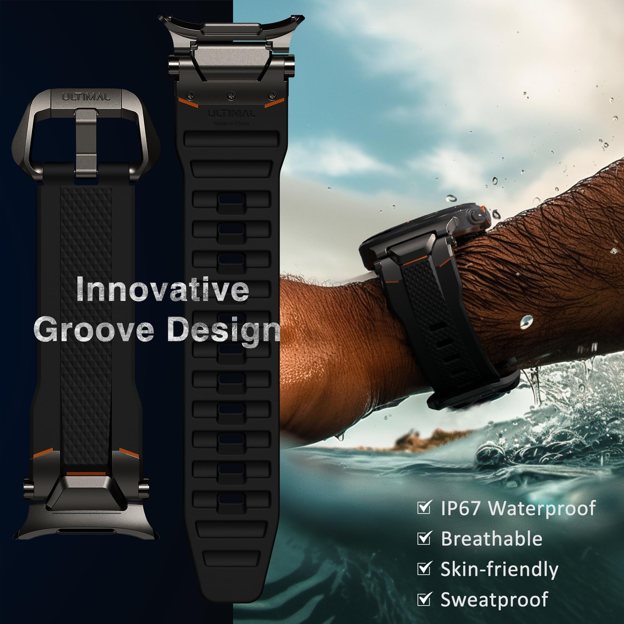 ULTIMAL Armband für Samsung Galaxy Watch Ultra 47 mm (2024), kompatibel mit Samsung-Armband für Herren, sportliches robustes Premium-TPU und Metall
