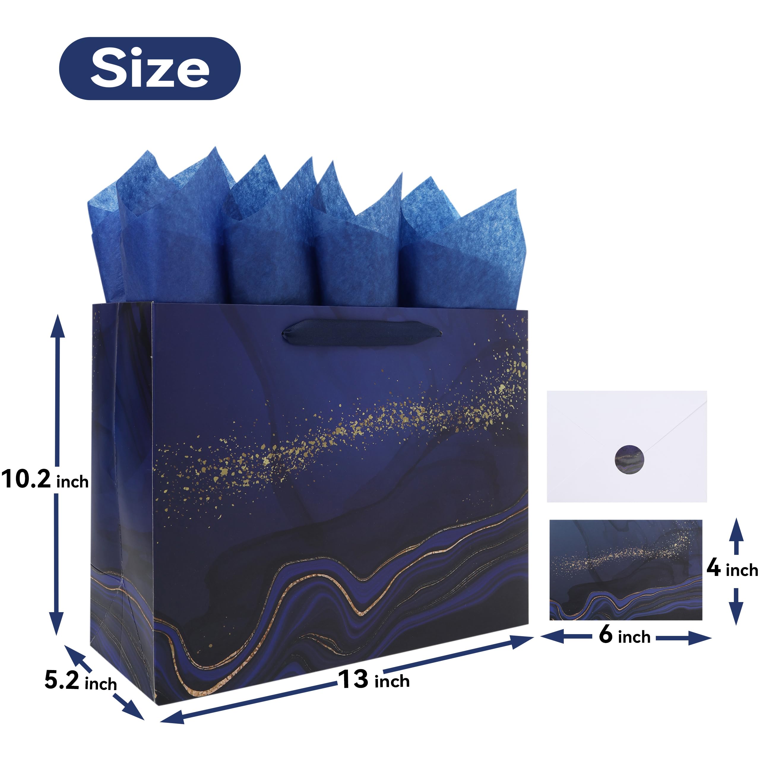 13'' Large Blue Marble Gift Bag Set with Handles, Greeting Card, Tissue Papers and Stickers for Men Boys Kids for Birthdays, Fathers Day, Graduations, Christmas, Baby Showers, Marble Design, 1 Pcs