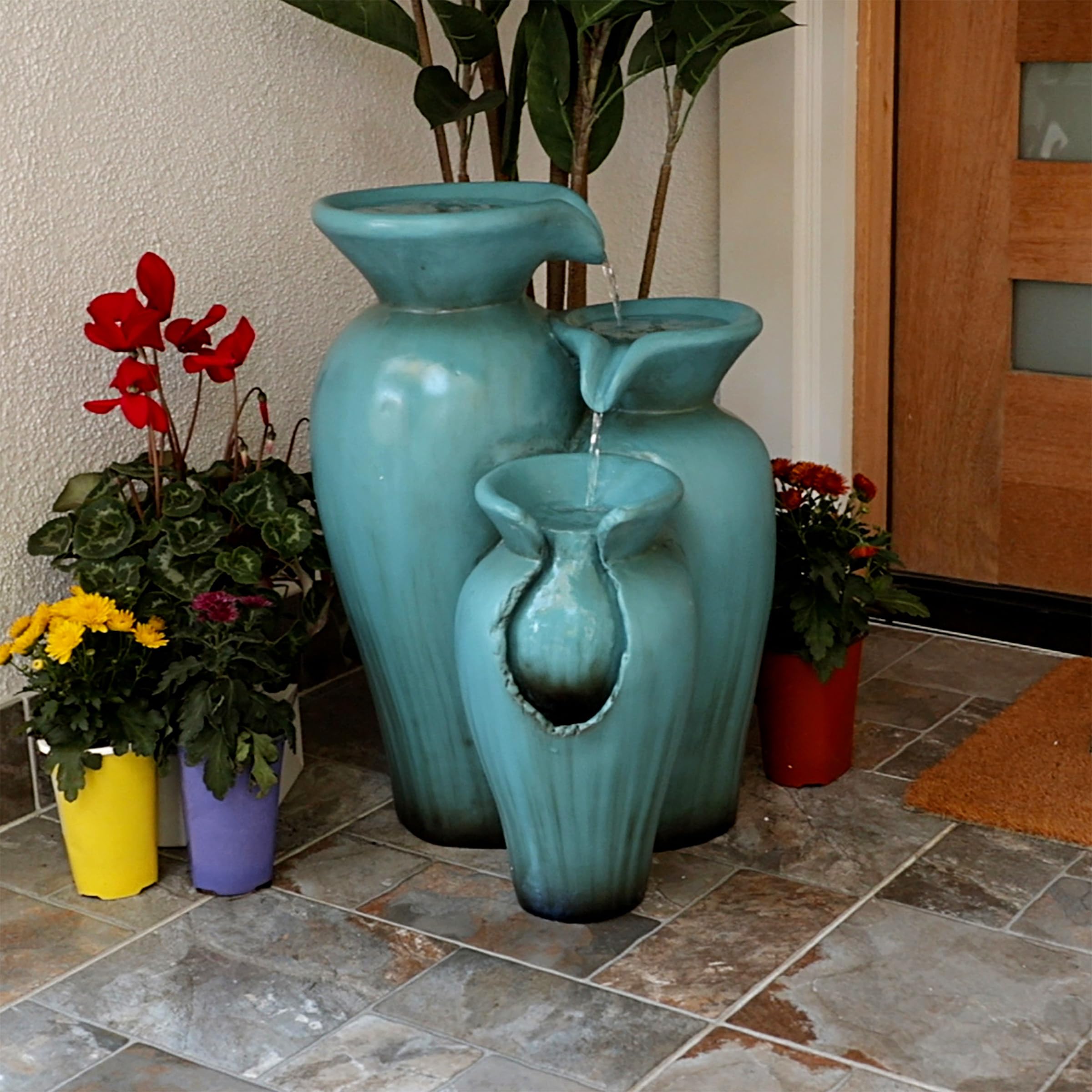 Alpine Corporation DIG246TUR 21" Outdoor 3-Tiered Pots Water Fountain – Cascading Ceramic Water Feature with Built-In Pump for Gardens, Patios, Yards, and Outdoor Décor, Turquoise