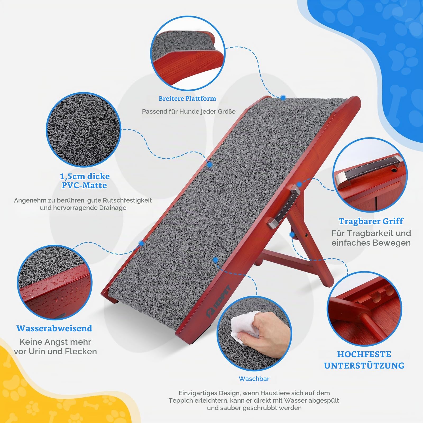 Hunderampe Hundetreppe für Hunde - Einstellbar 34-61,5 cm Spülschutz-Design Birkenholz Rampe Hund Klappbar für Bett Sofa Auto,Anti-rutsch Haustierrampe Haustiertreppe für kleine, große Hunde (XL)