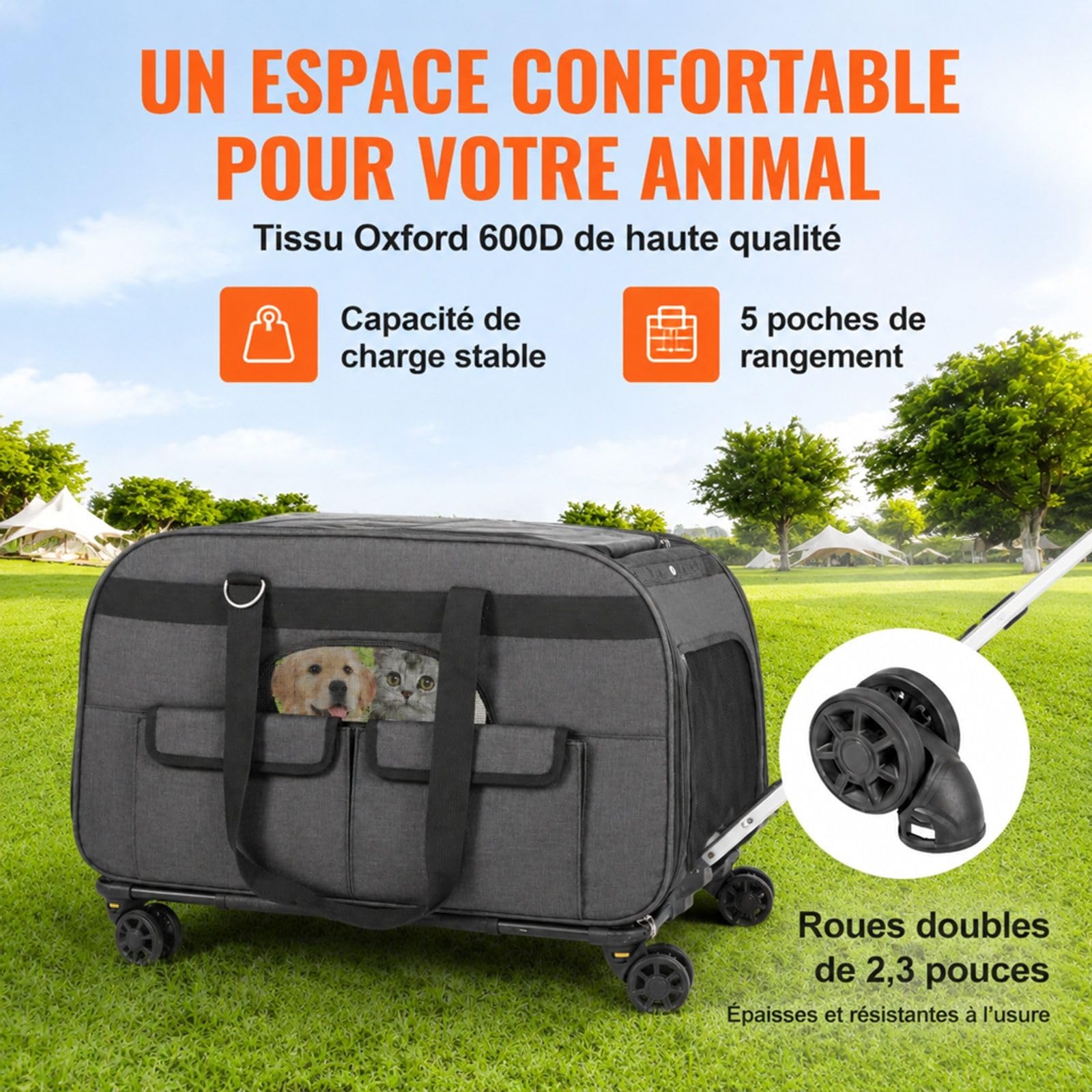 Sac de Transport Roulant pour Chat et Chien, Noir, avec poignée télescopique, bandoulière, Fermeture éclair autobloquante et gamelle Pliable, pour Voyage et Sorties