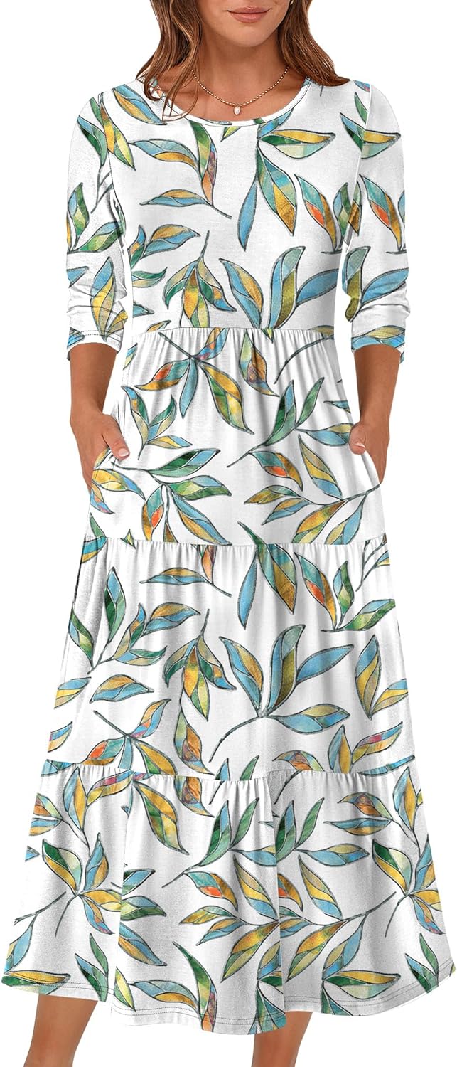 Prinbara Women's 3/4 Sleeve Casual Maxi Floral Dresses 2025 Fall Crewneck A-line Tiered Flowy Summer Boho T Shirt Long Dress
