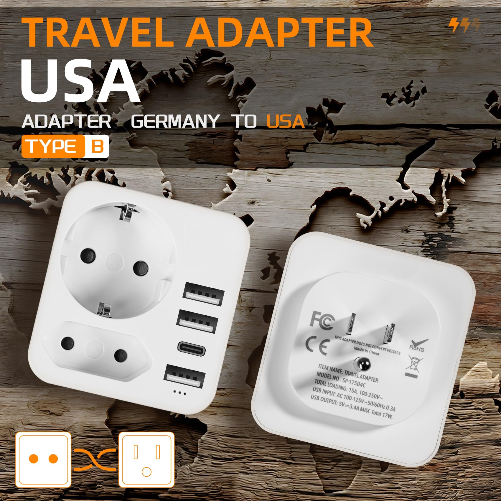 Adattatore Presa Americana, Adattatore USA mit 3 USB 2.4A Europa Spagnola 2-Pin a 3-Pin USA per Messico, Canada, Tailandia, Perù, Colombia, Tipo B
