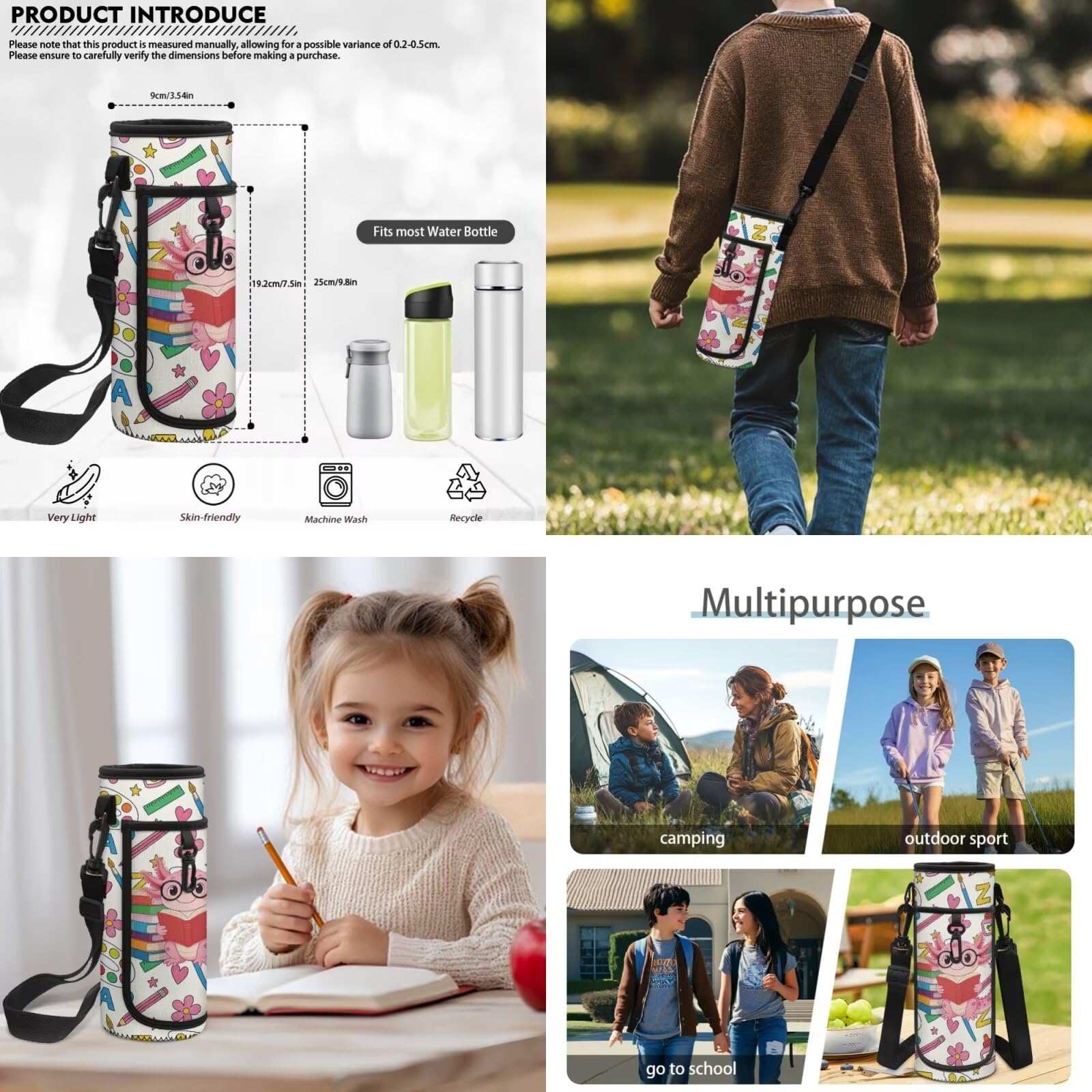 COEQINE Niedlicher Rucksack für Kinder, Schultasche, 5-teiliges Büchertaschen-Set mit Lunchbox, Federmäppchen, Schlüsselanhänger für Teenager von 6–12 Jahren, Axolotl Buntes Schulbuch, M, Designer