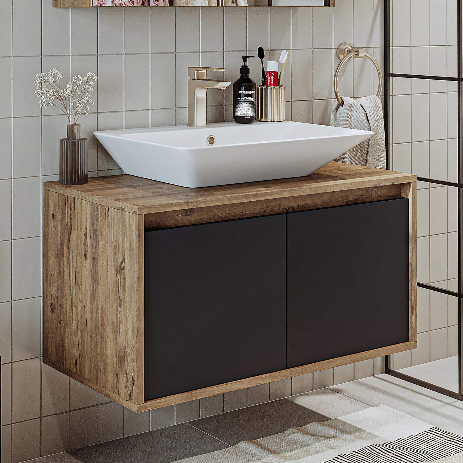 Meuble Salle De Bain ROOMART Atlantic - Lavabo Céramique Avec Meuble Bas 100 Cm Blanc Chêne Anthracite