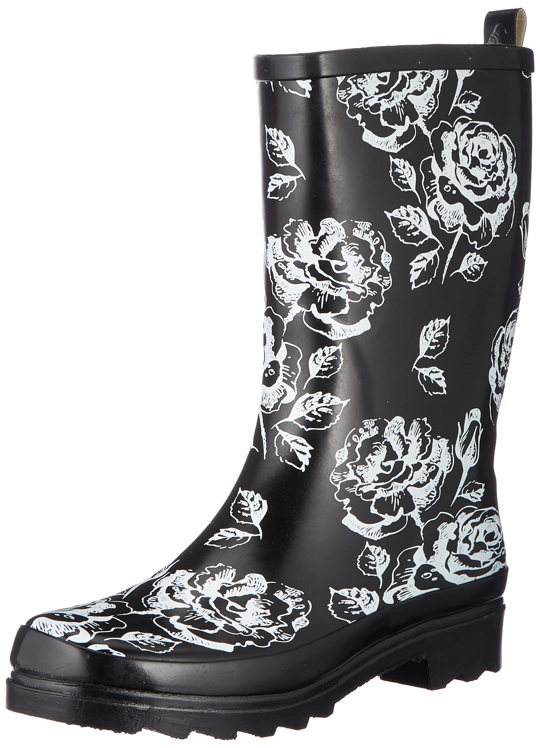 Black rain boots with white roses