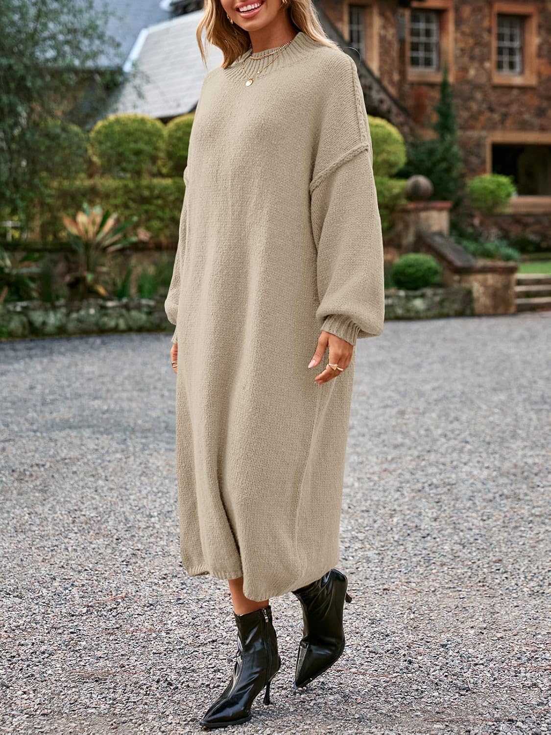 Saodimallsu Womens Oversized Sweater Dress Mock Neck Long Sleeve Casual Warm Chunky Knit Fall Winter Maxi Dresses - Image 4