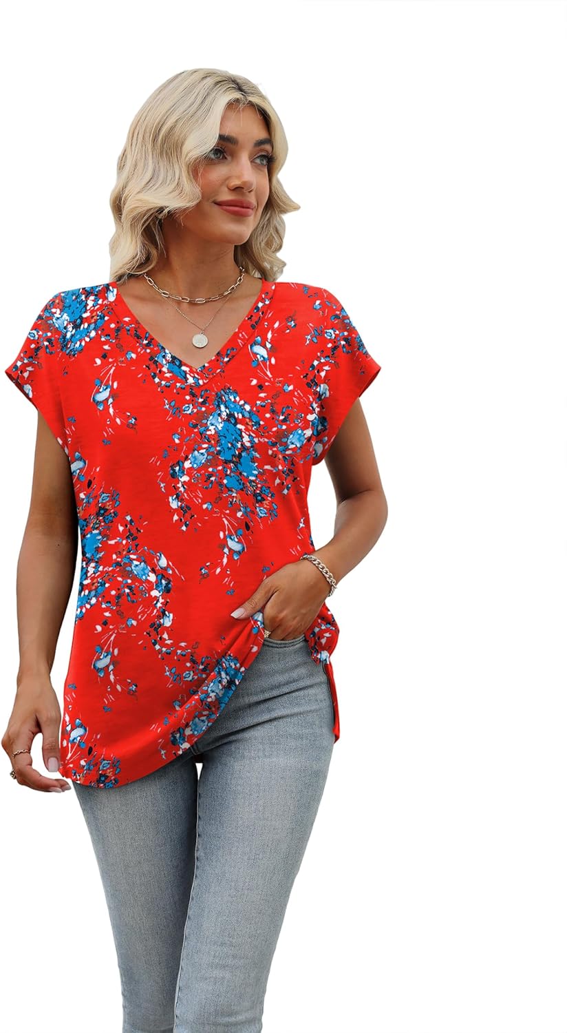 Sampeel Womens Summer Tops 2026 Cap Sleeve Trendy V Neck Loose Fit T Shirts - Image 2