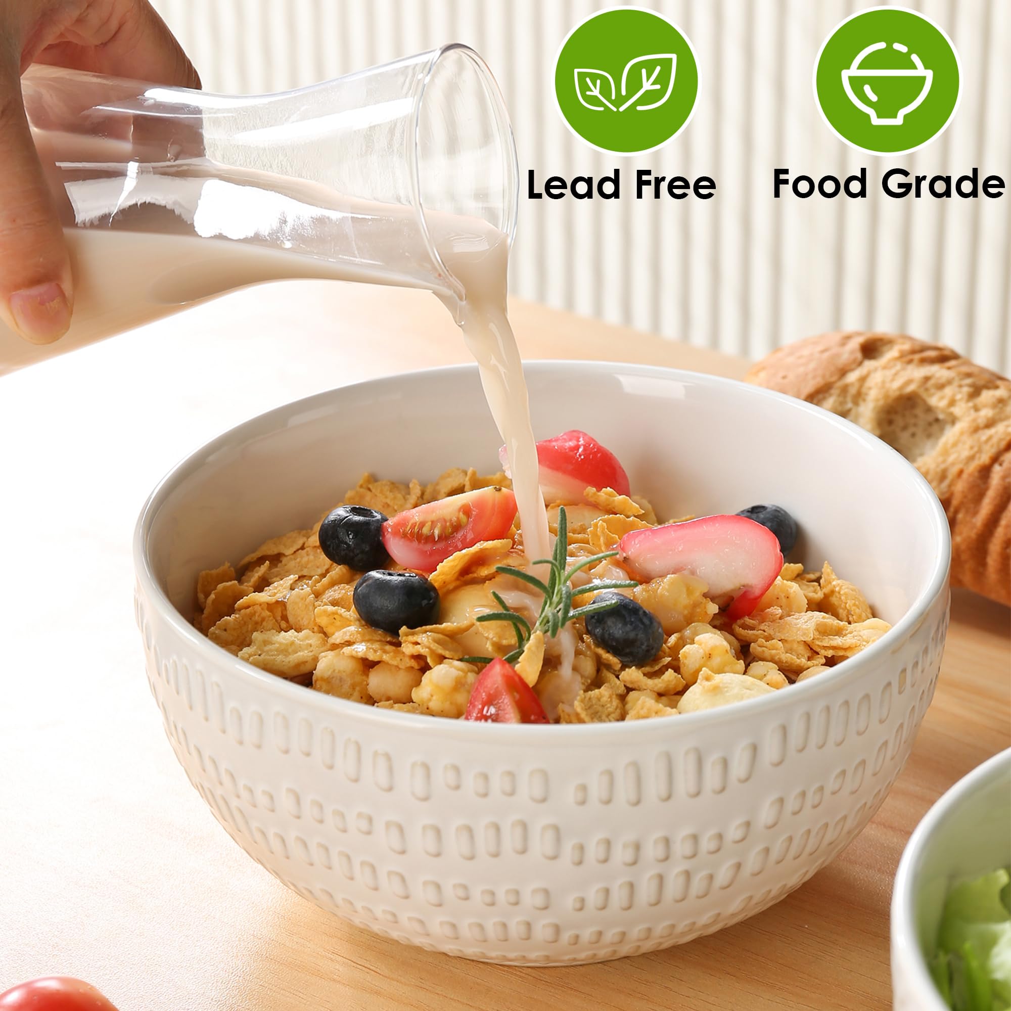 Große Müslischalen, Bauernhaus-Prägung, Keramik, Salatschüsseln für Suppe, Servieren, Obst, Snack, Nudeln, Ramen, Pho, Mikrowellen- und spülmaschinenfest, 17,5 cm, Weiß, 4 Stück