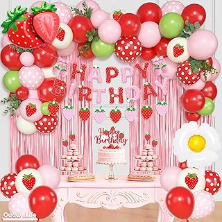 Ouddy Life Strawberry Birthday Party Decorations, Berry First Supplies | Happy Birthday Banner Fringe Curtain Polka Dots Sand White Lime Green Shortcake Daisy Balloons Cake Toppers for Baby Shower