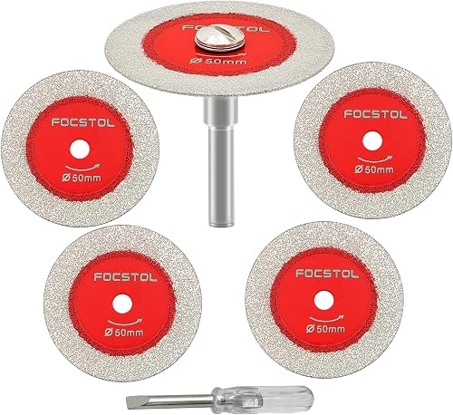 Mini Diamond Glass Cutting Disc - FOCSTOL 5pcs 2 Inch(50mm) Blade and 1pc 1/4 Inch(6mm) Round Shank for Glass Jade Marble Granite Artificial Stone Porcelain Tile Ceramic