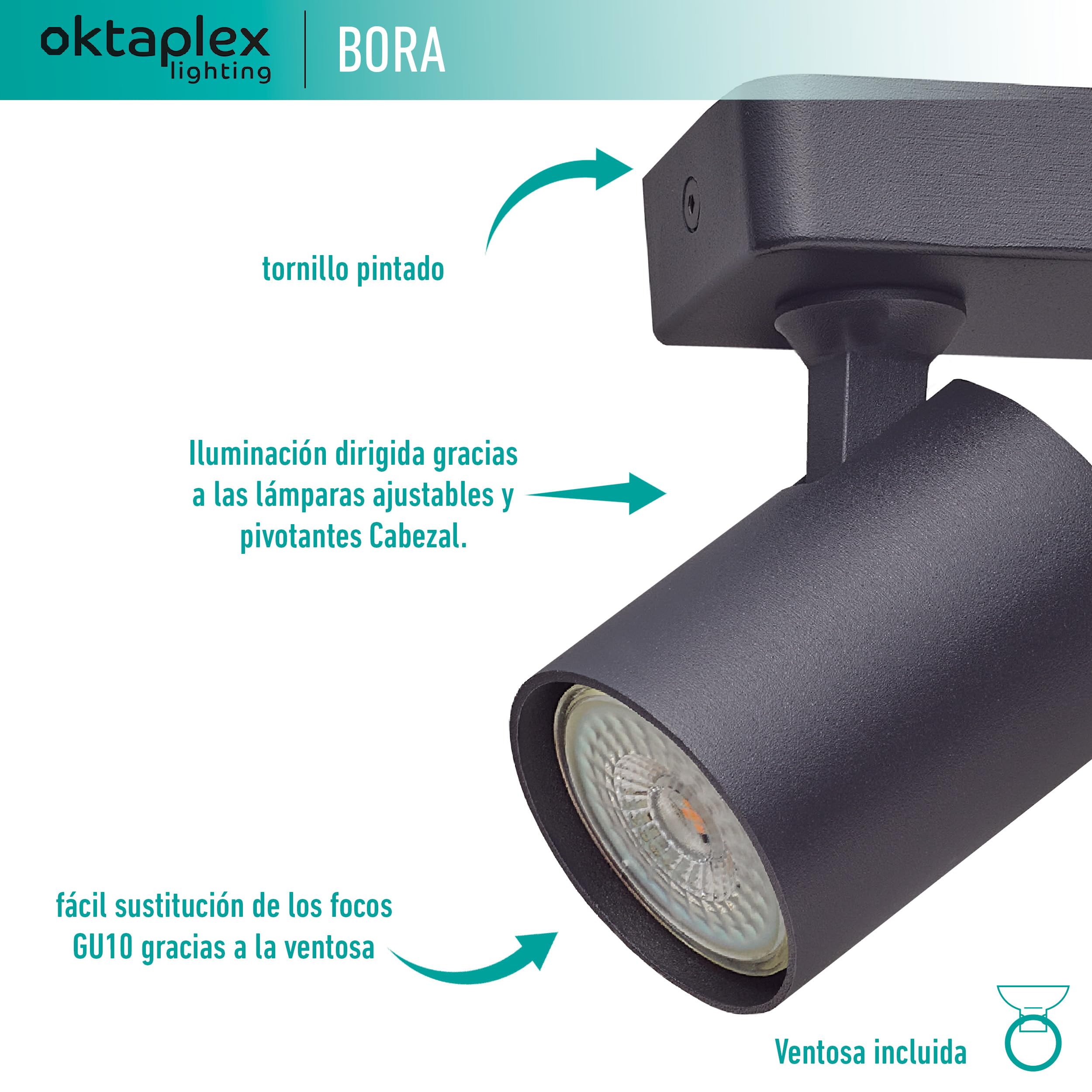 Oktaplex Bora foco de techo 3 flame GU10 LED spot bar 45 cm 230 V spot luz foco orientable lámpara de techo negro