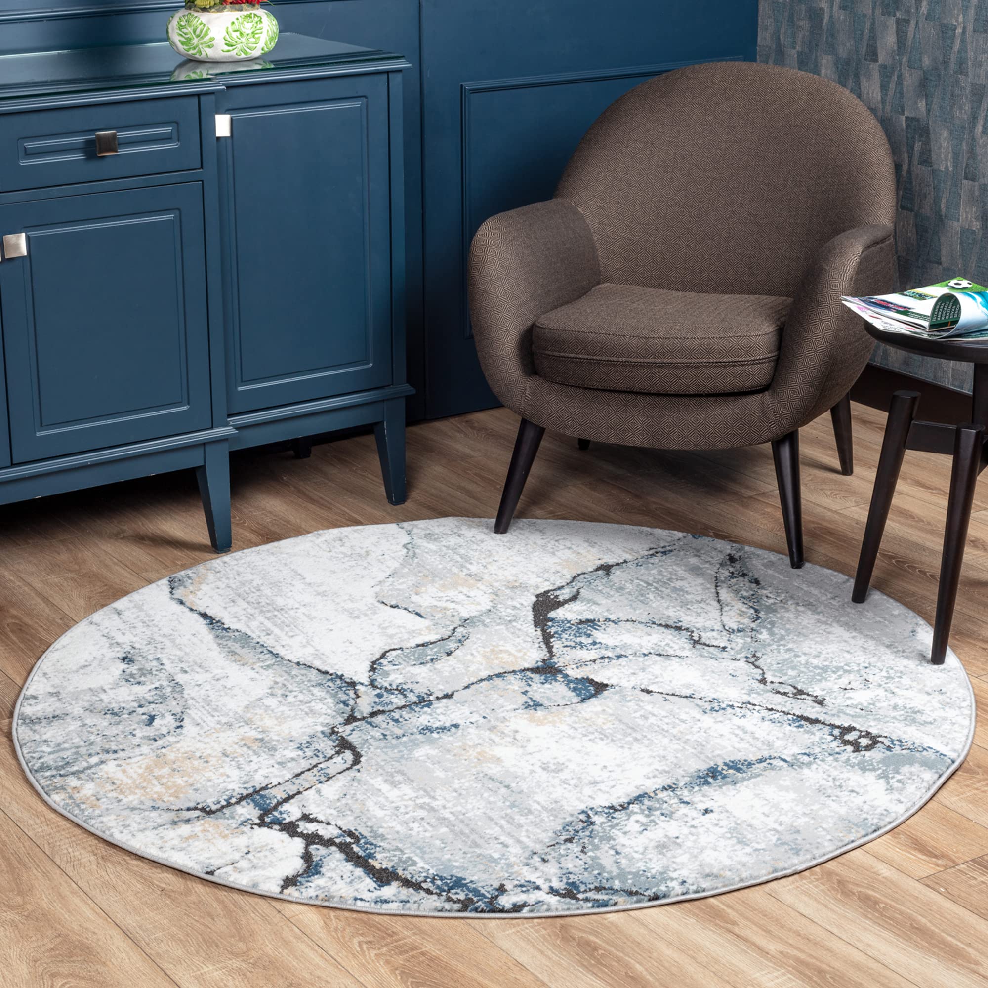 Livabliss Alfombra Abstracta Berlin - Alfombra Salón Grande, Habitación, Dormitorio - Alfombra Salon Pelo Corto, Suave y Lujosa Facil de Cuidar - Alfombra Grande de 160cm Redonda Gris, Azul, Marfil