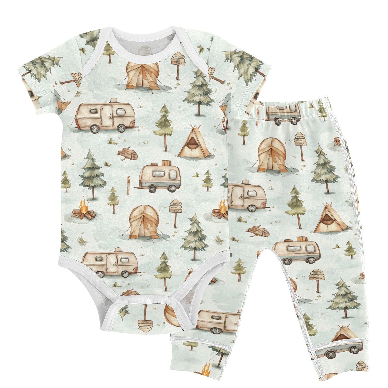 vvfelixl Baby Clothes Cartoon Camping Caravan Baby Bodysuits Set Unisex Short Sleeve Babys Pants Sets 0-3M