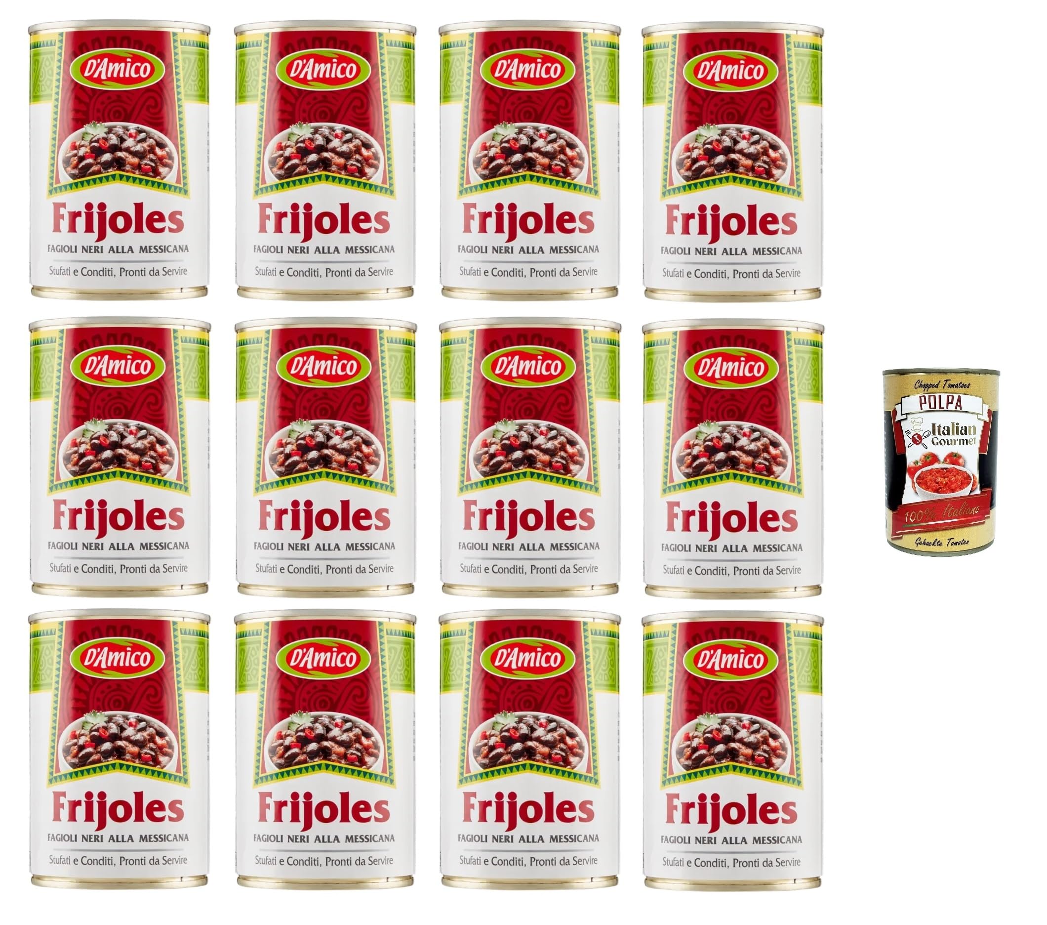 D'Amico Frijoles Fagioli Neri alla Messicana Schwarze Bohnen nach mexikanischer Art 12x400gr + Italian Gourmet polpa 400g