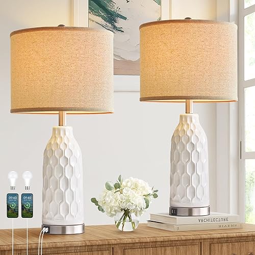 27.5" Ceramic Table Lamp Set of 2 for Living Room, 3 Way Dimmable Touch Control Farmhouse Table Lamps for Bedroom, Modern Nightstand Bedside Lamp End Table Lamps (Bulbs Included)