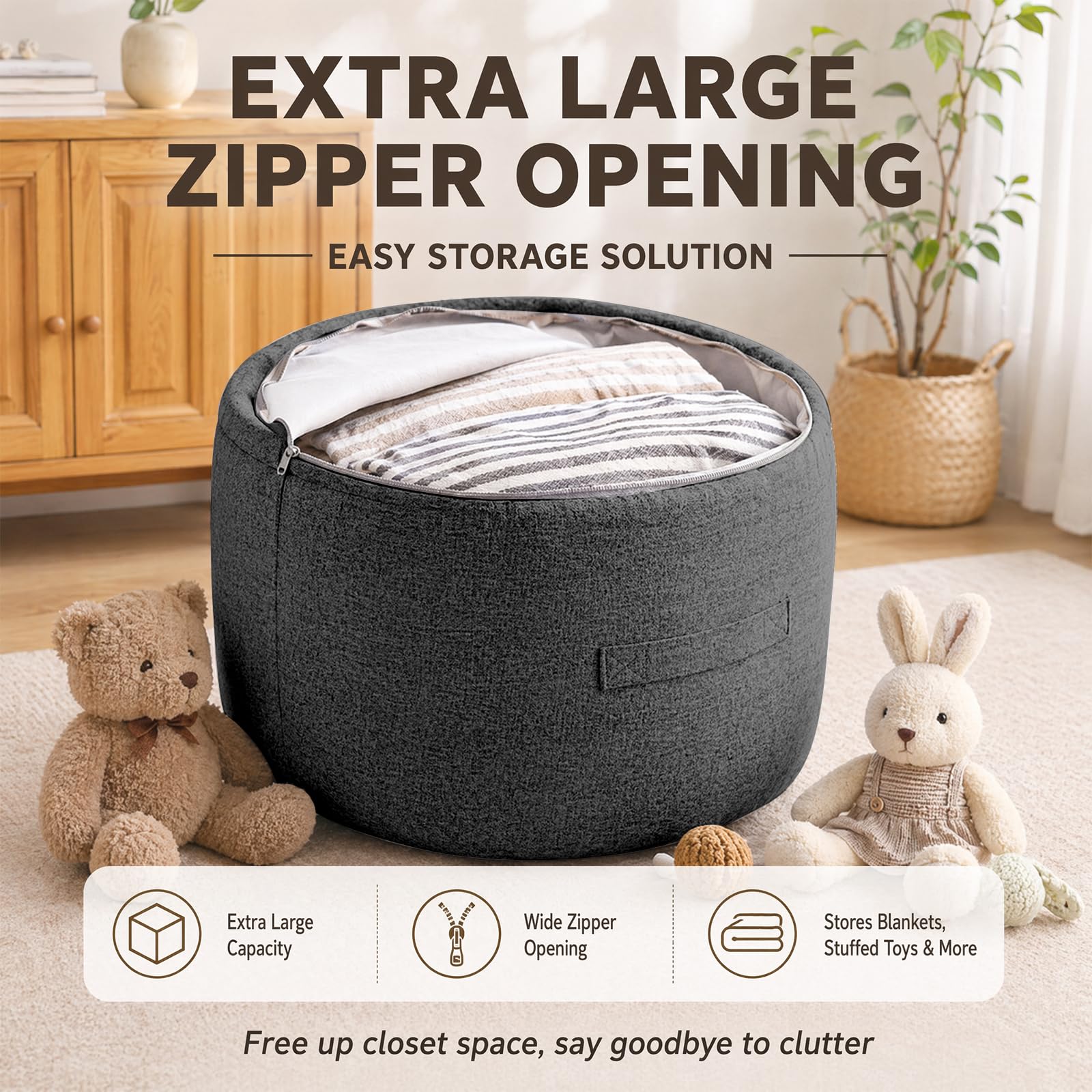 Kuscheltier Aufbewahrung Sitzsack Ø60 cm – XXL Spielzeug Organizer für Kinderzimmer, Kuscheltiere, Kissen und Decken, ohne Füllung, bei Befüllung Sitzkissen, Cordstoff, Reißverschluss (Dunkelgrau)