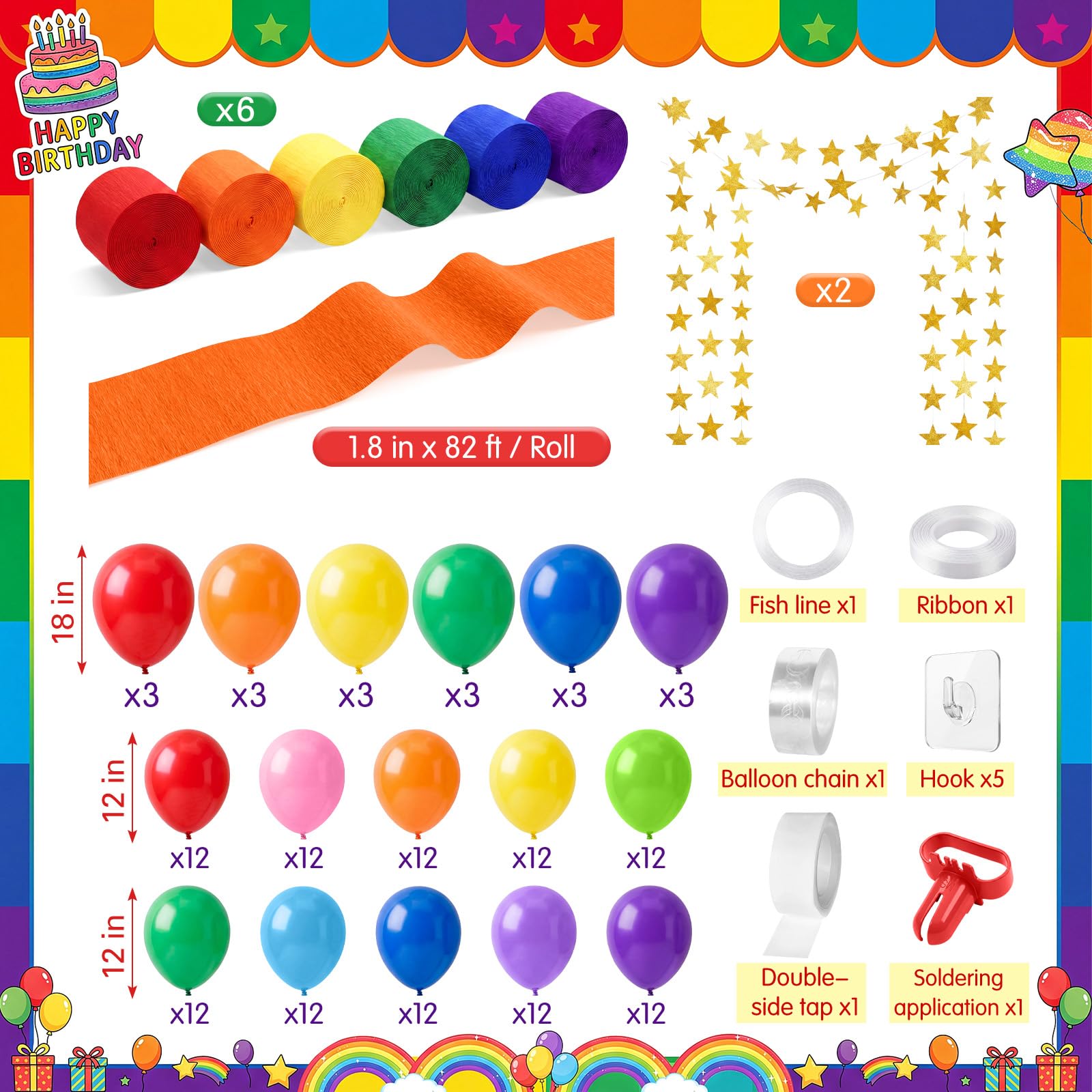 Kit di 145 palloncini arcobaleno per decorazioni fai da te, con palloncini in carta crespa e ghirlanda di stelle per compleanno, ritorno a scuola, carnevale, feste estive (arcobaleno)