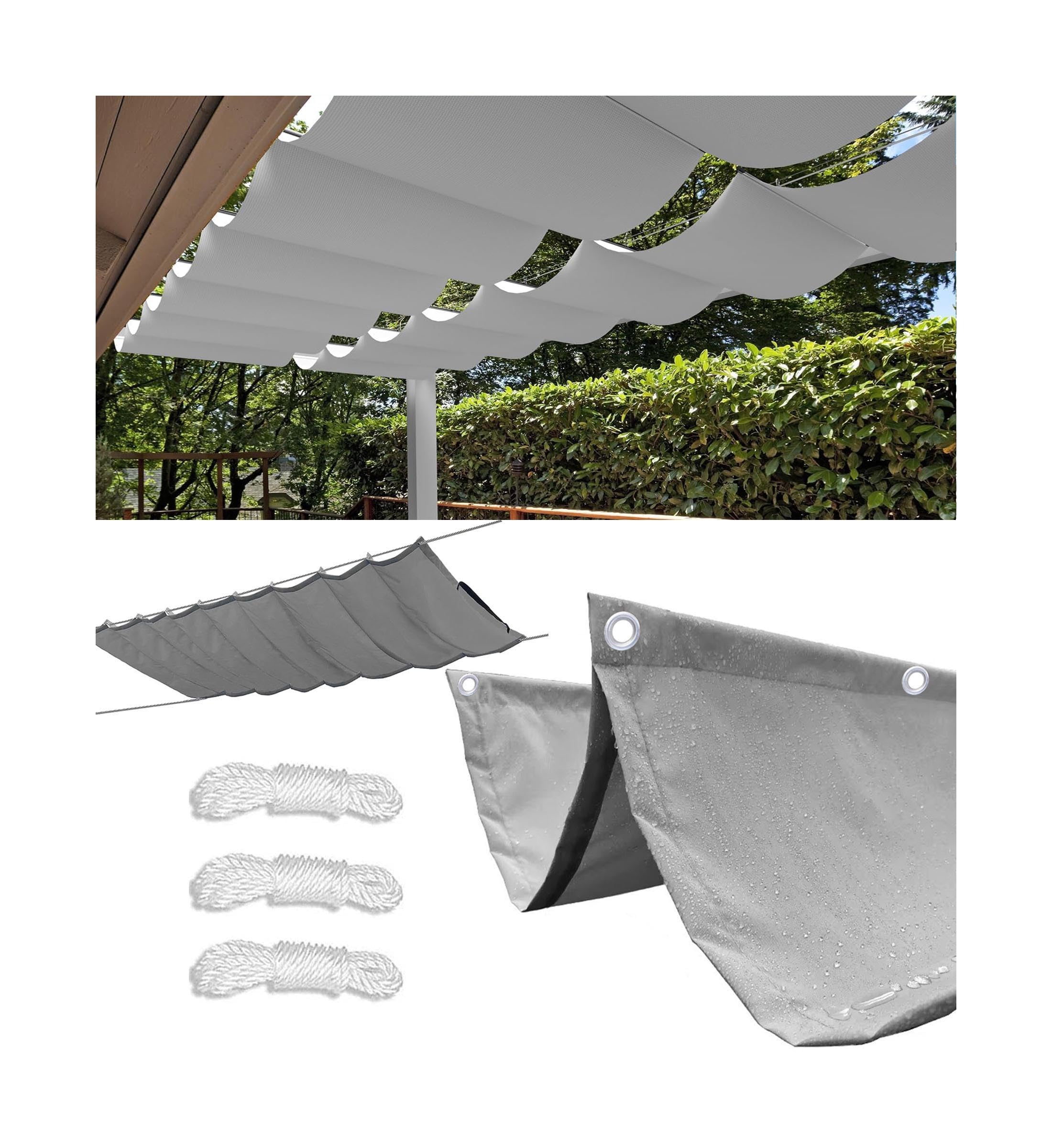 Toldo Vela de Sombra Ondulada Retráctil 2x2.2m Impermeable Toldos Exterior Protección Rayos UV Resistente al Desgarro para Terraza Balcon Exteriores Jardín con Ojales y Cuerdas Gris Claro