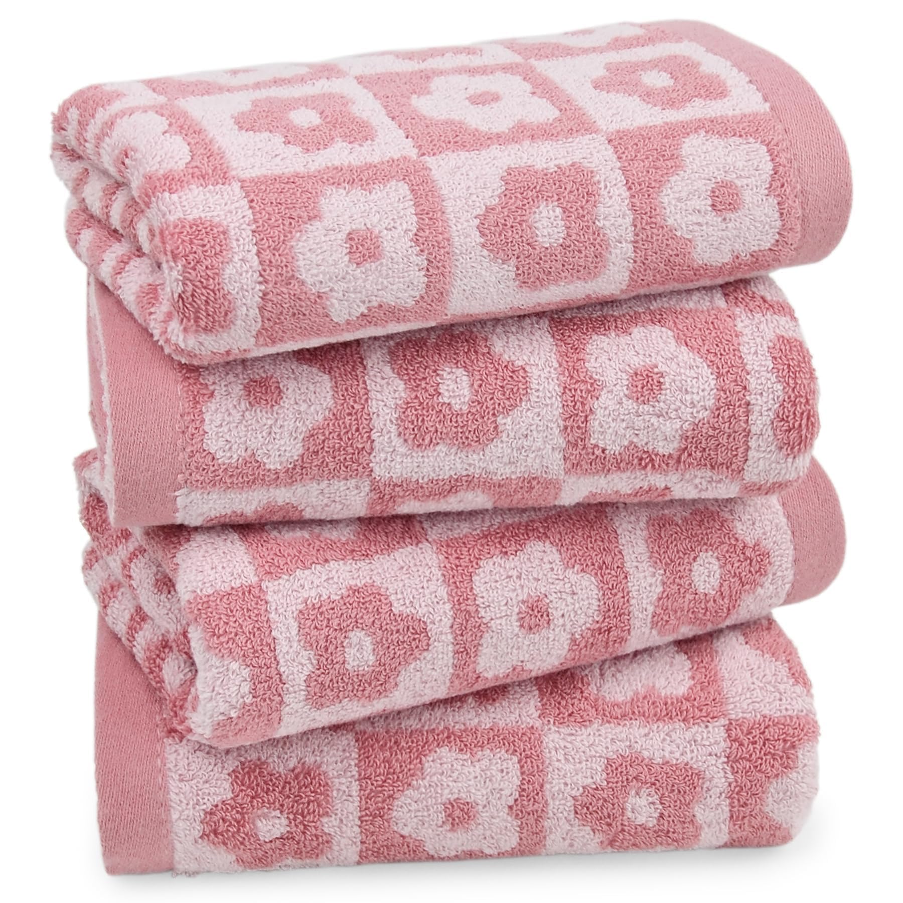 Jacquotha Cotton Hand Towels Pink Checkered Floral - Quick Drying Hand Towel Set of 4, for Women Girls Bathroom Decor, 29” x 13”