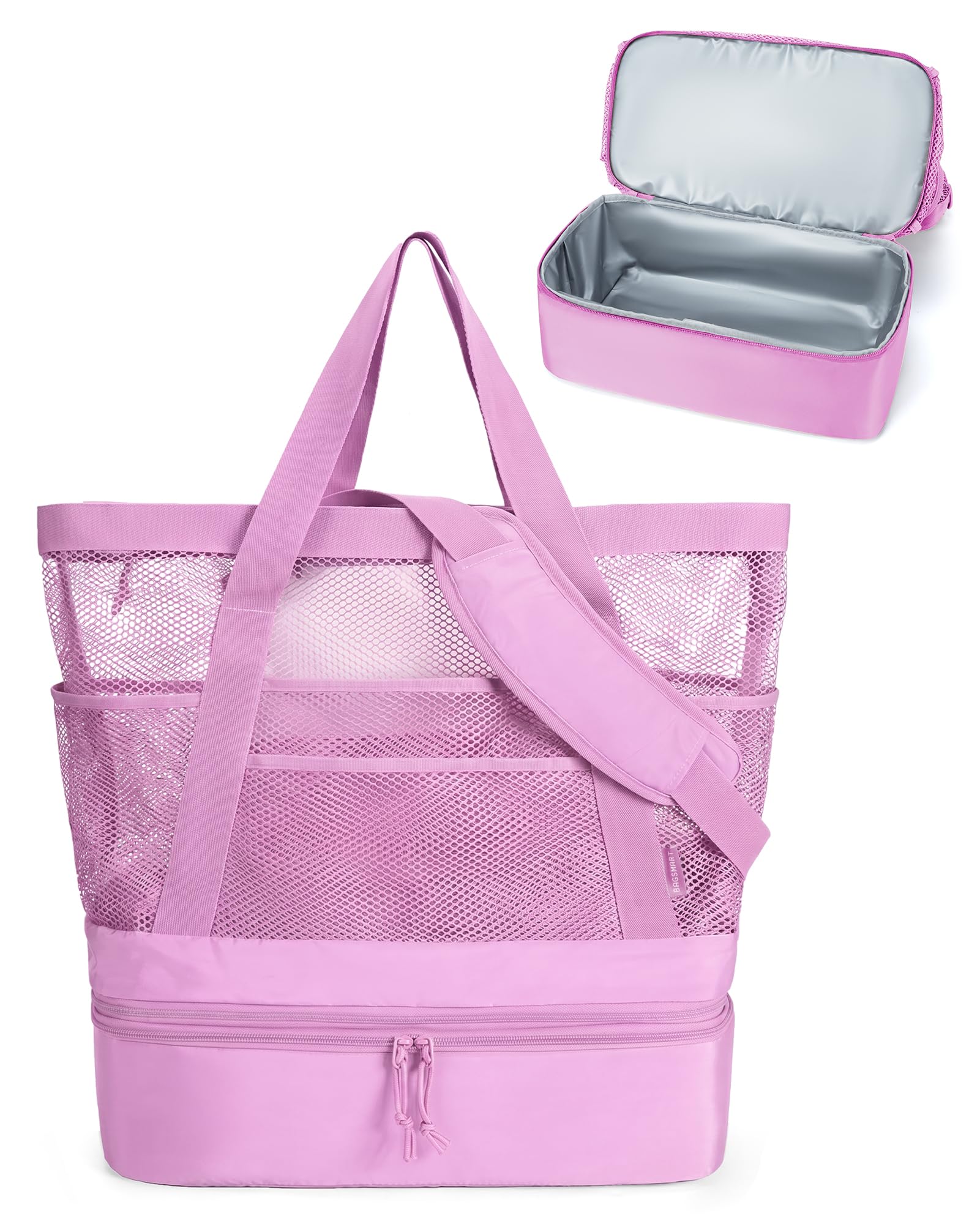 BAGSMART Beach Bag for Women, Mesh Tote Bags with Zipper, Sandproof Vacation Essentials with Cooler for Swim Cruise Pool (Light Purple)