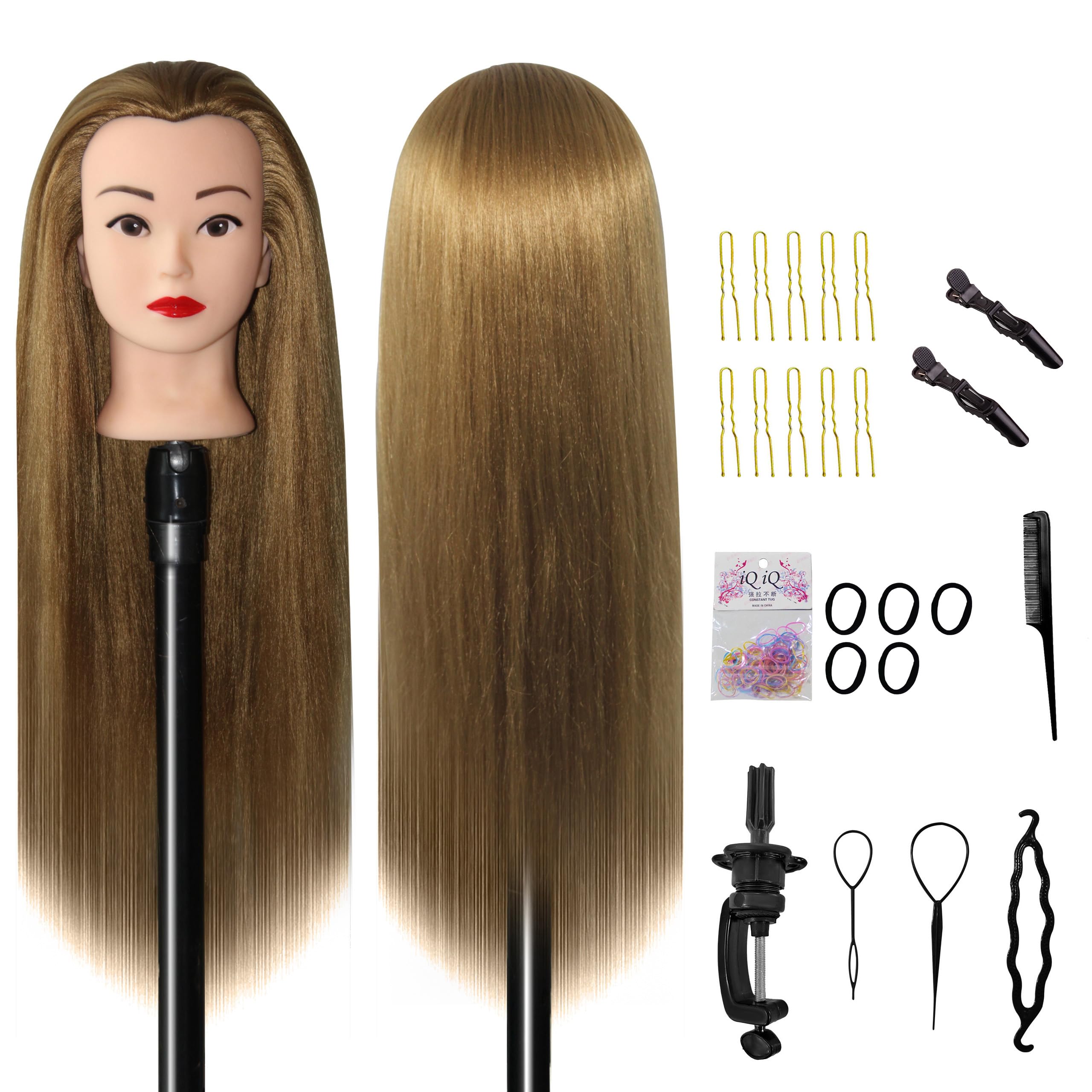 Hair Doll Head - DIY set with free table clips - Perfect for make-up artists, teenage girls and hairdressers - training head Mannequin head with hair for practising and getting creative (gold)