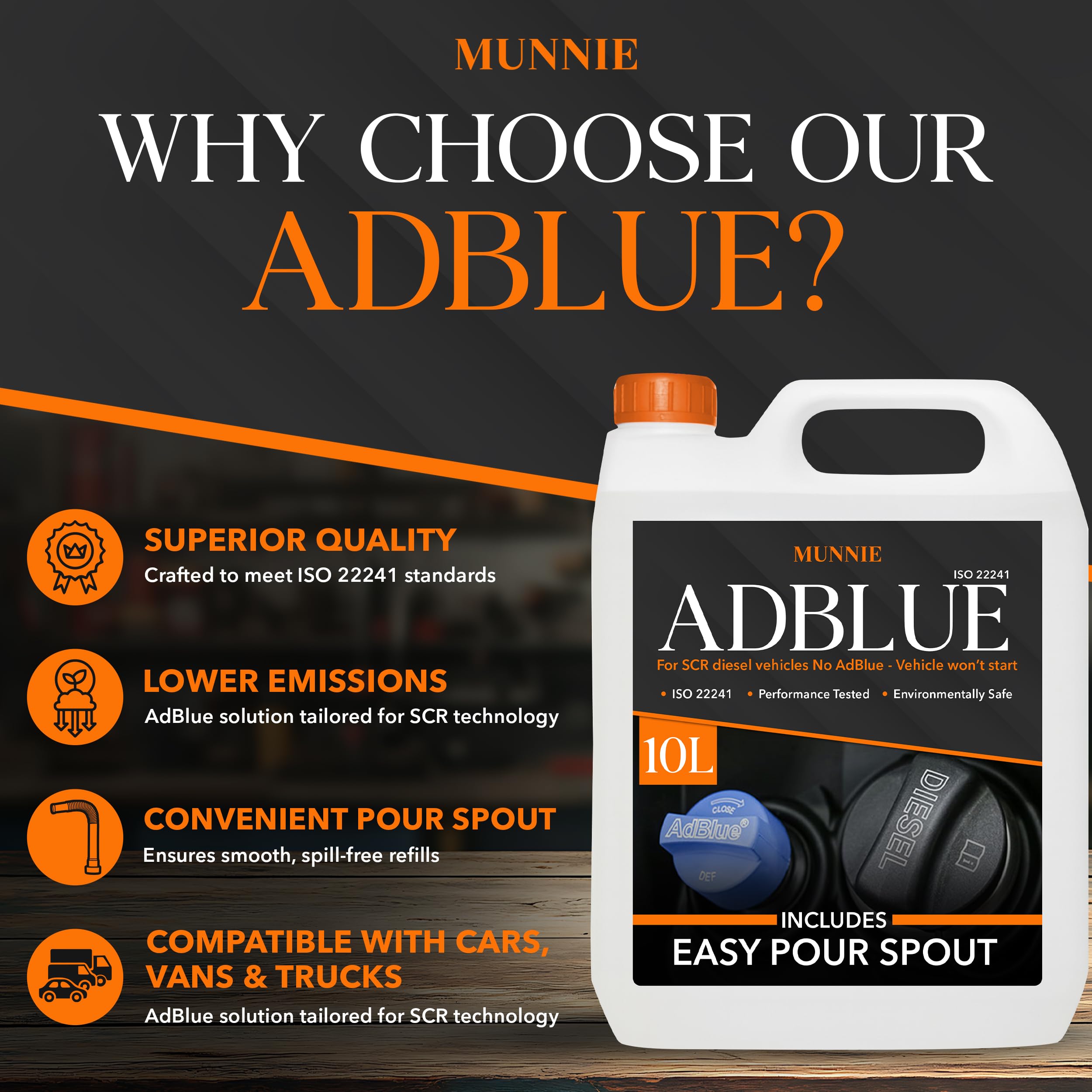 Munnie AdBlue 10 Litres with Nozzle – Premium Diesel Exhaust Fluid Additive for Cars, Vans & Trucks – Ad Blue Liquid for Diesel Engines ISO 22241 Compliant DEF for Emission Control & Cleaner Driving — view 2
