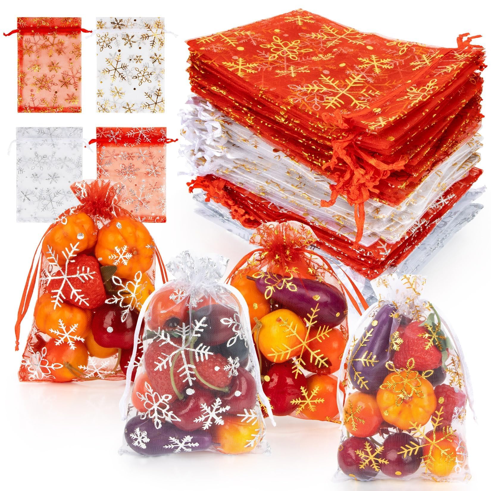 Sukh 100 Christmas Organza Bags 4"x6" - Snowflake Mesh Drawstring Gift Bags