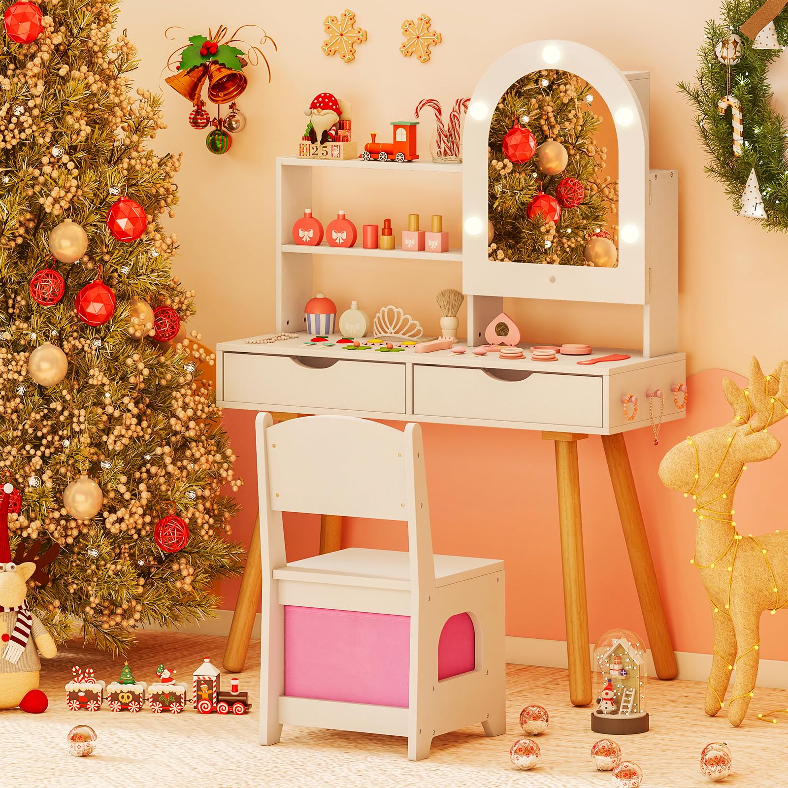 COSTWAY Tocador de Maquillaje Niña, Tocador Niña Madera con Espejo Iluminado, Estantes Abiertos y Cajones de Almacenamiento, Juego de Mesa de Maquillaje Estilo Conejito para Niños de 3+ Años (Blanco)